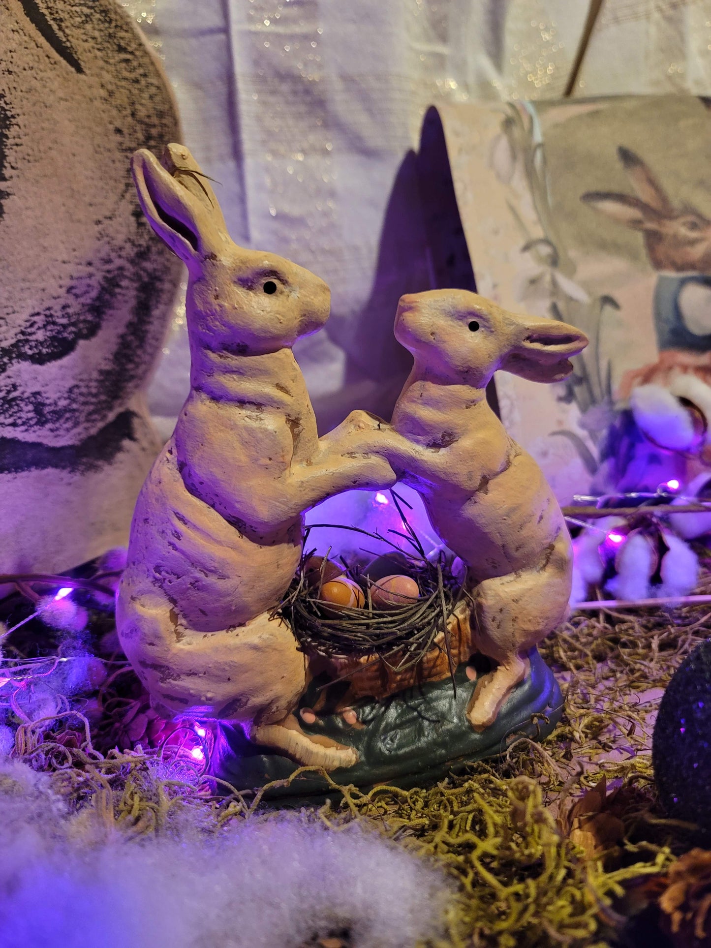 Primitive Vintage Easter Style Dancing Rabbit Bunnies Figurine