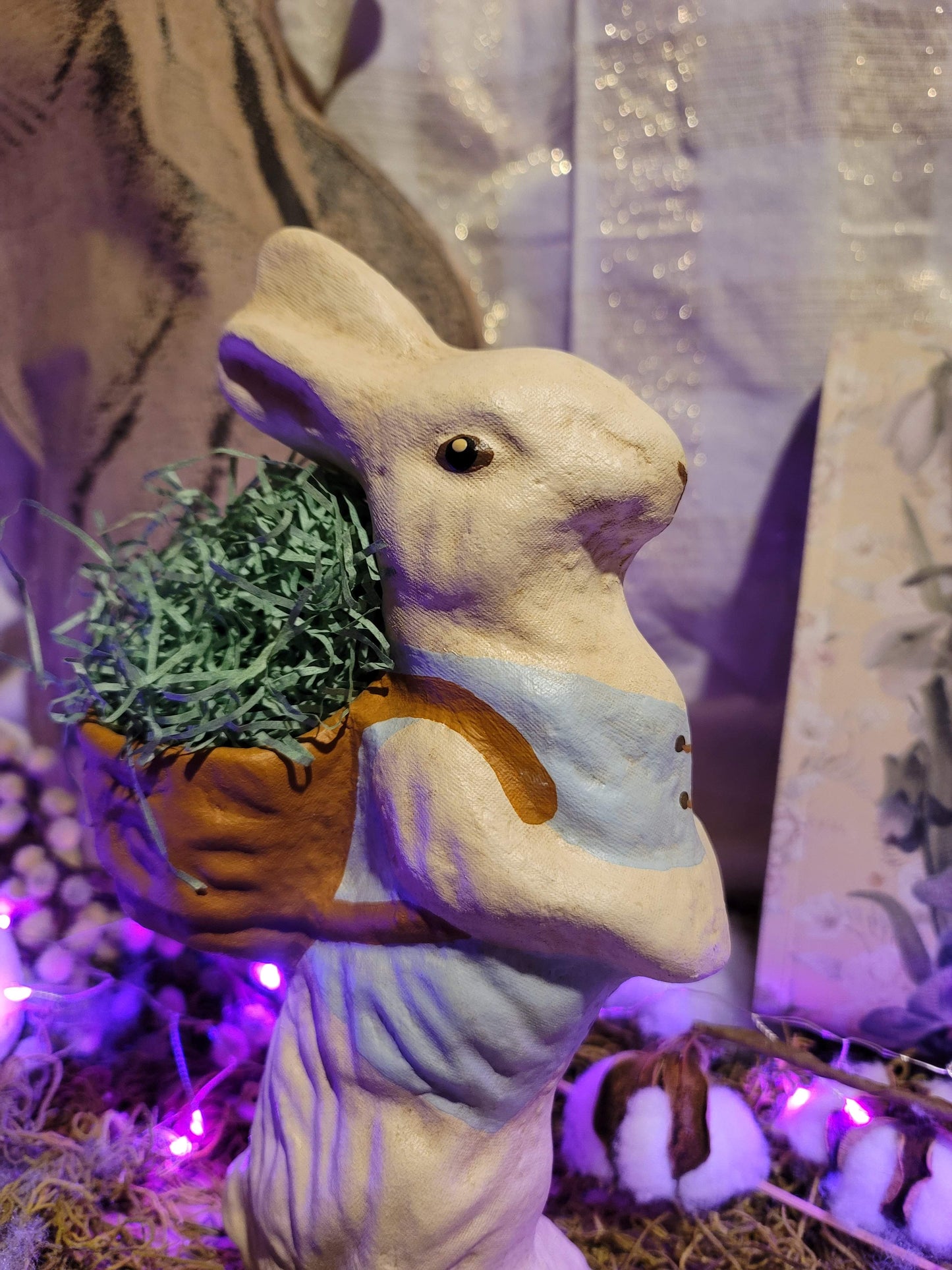 Vintage German Style Easter Paper Mache Standing Rabbit with Basket