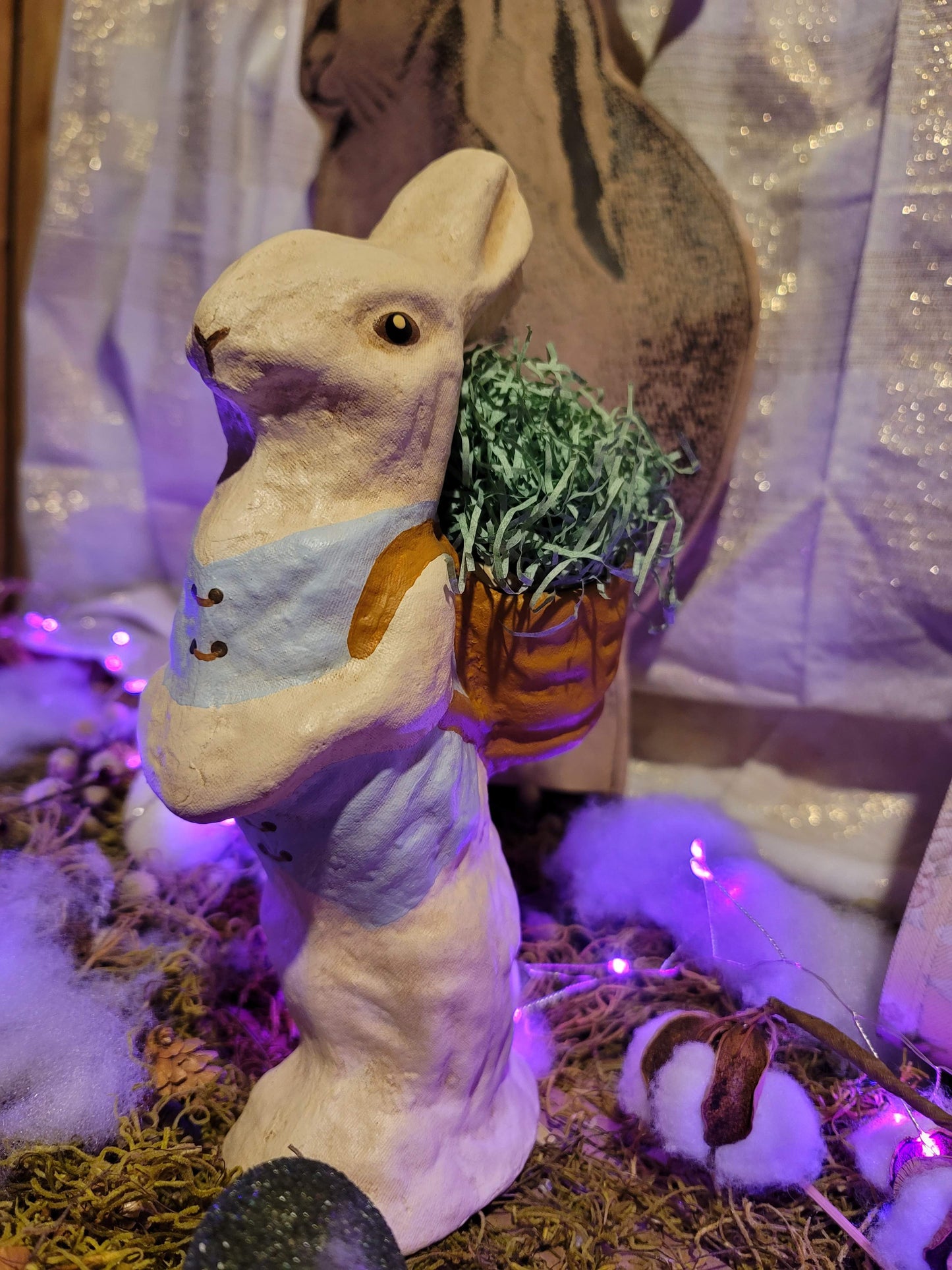 Vintage German Style Easter Paper Mache Standing Rabbit with Basket