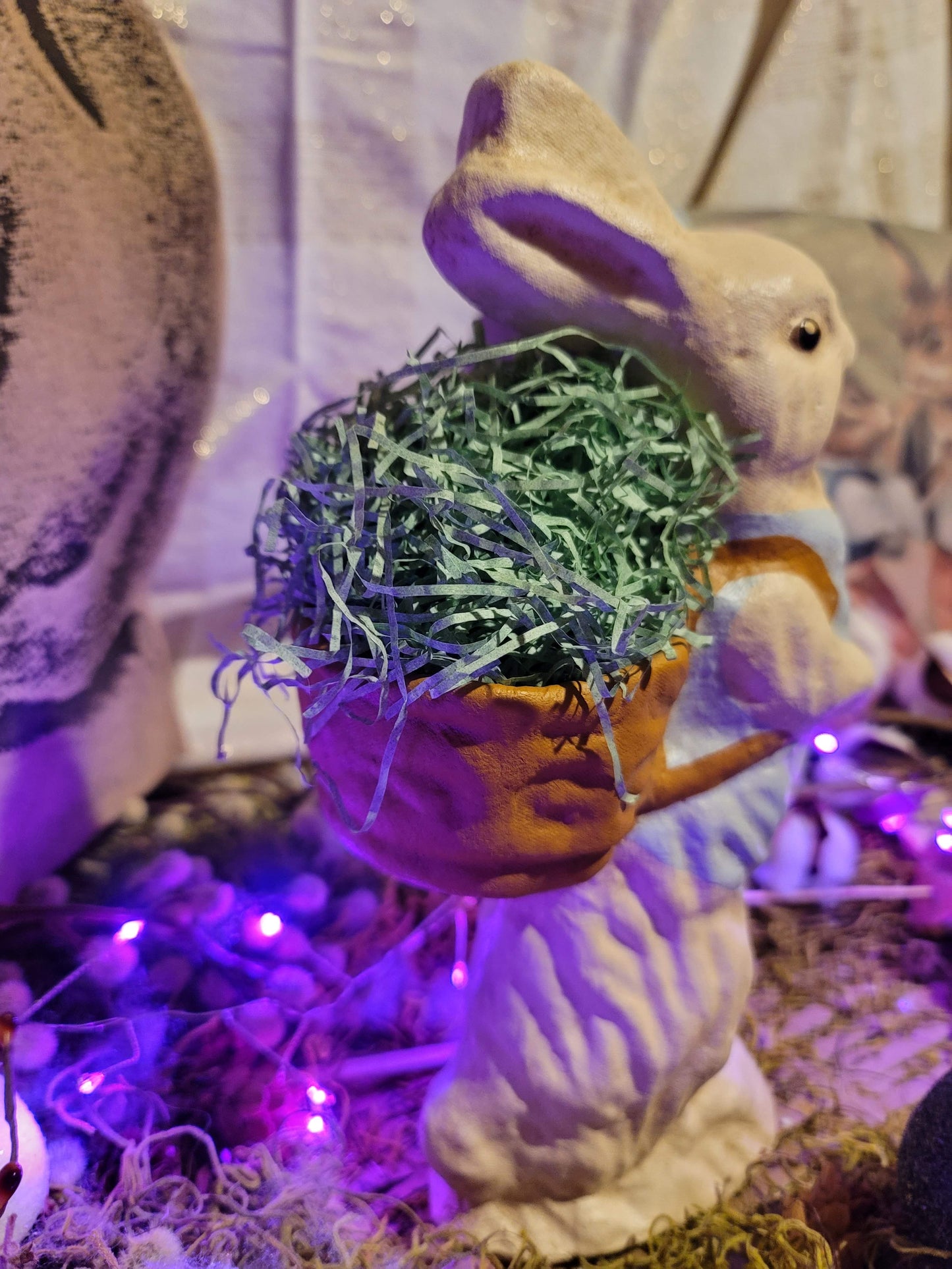 Vintage German Style Easter Paper Mache Standing Rabbit with Basket