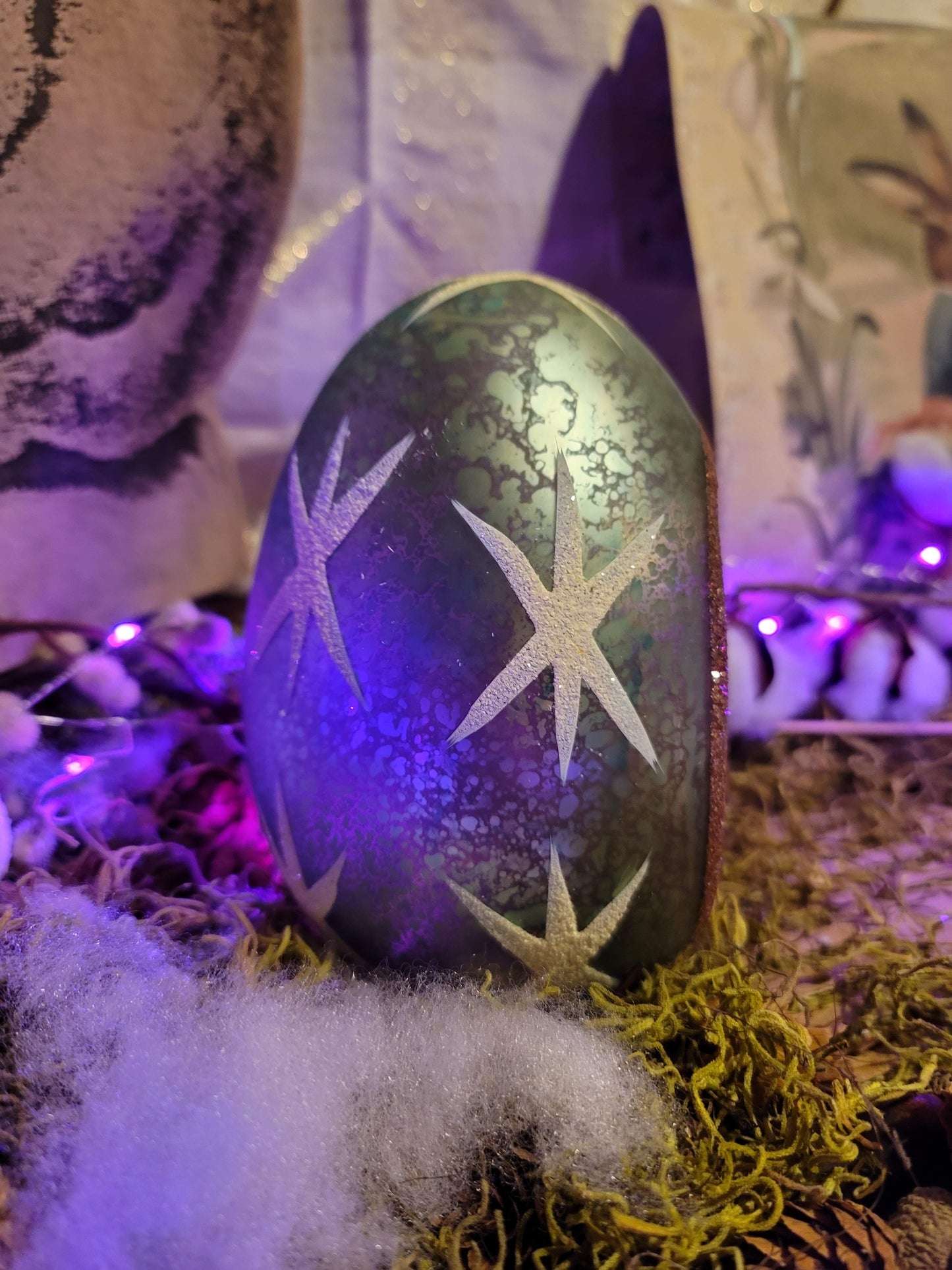 Blue Mercury Glass Easter Egg with Bunny hiding Easter Eggs Nesting Egg Figurine
