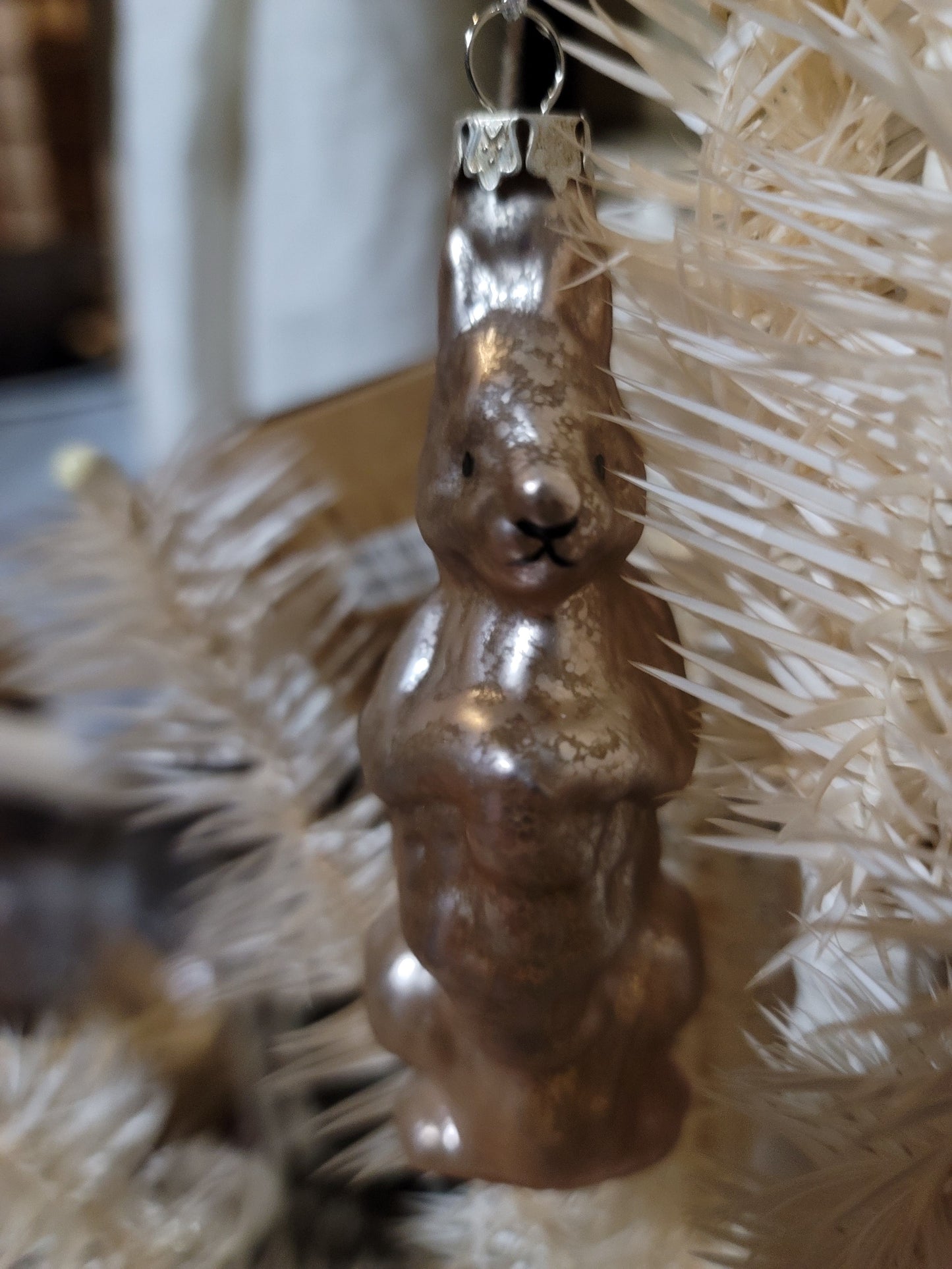 Primitive Easter Style Mercury Glass Silver Bunny with Basket Ornament