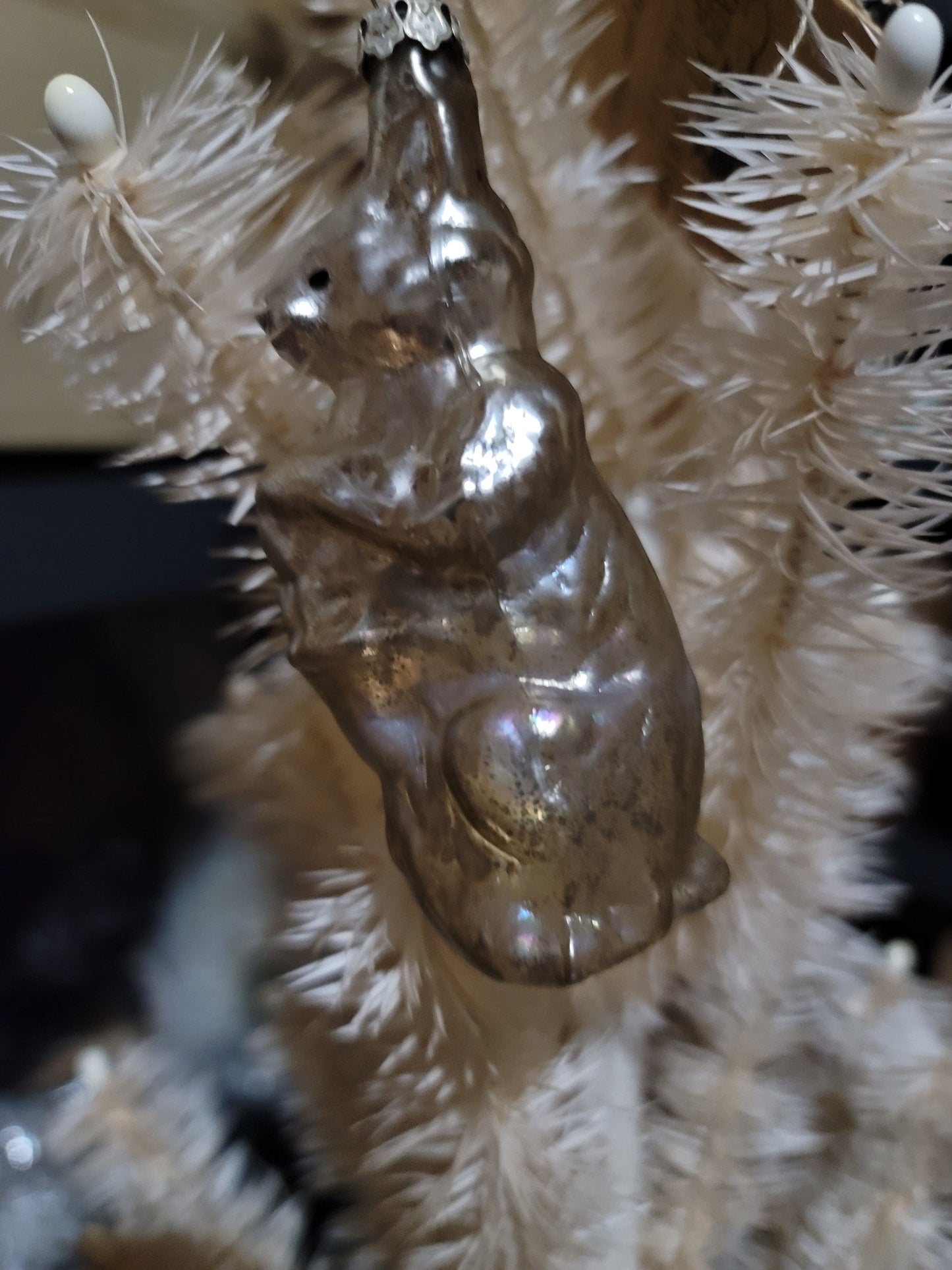 Primitive Easter Style Mercury Glass Silver Bunny with Basket Ornament