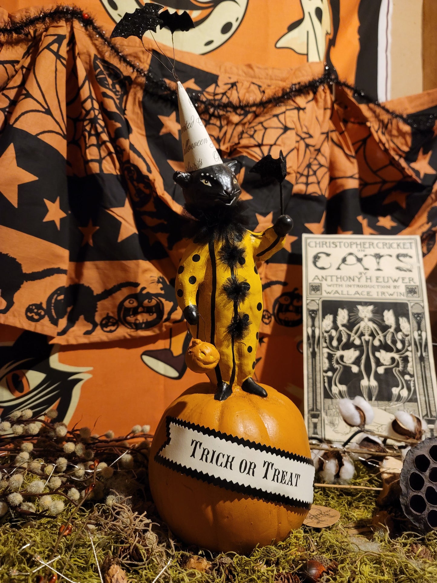 Vintage Halloween Style Nicol Sayre Black Cat Witch Pumpkin with Wand