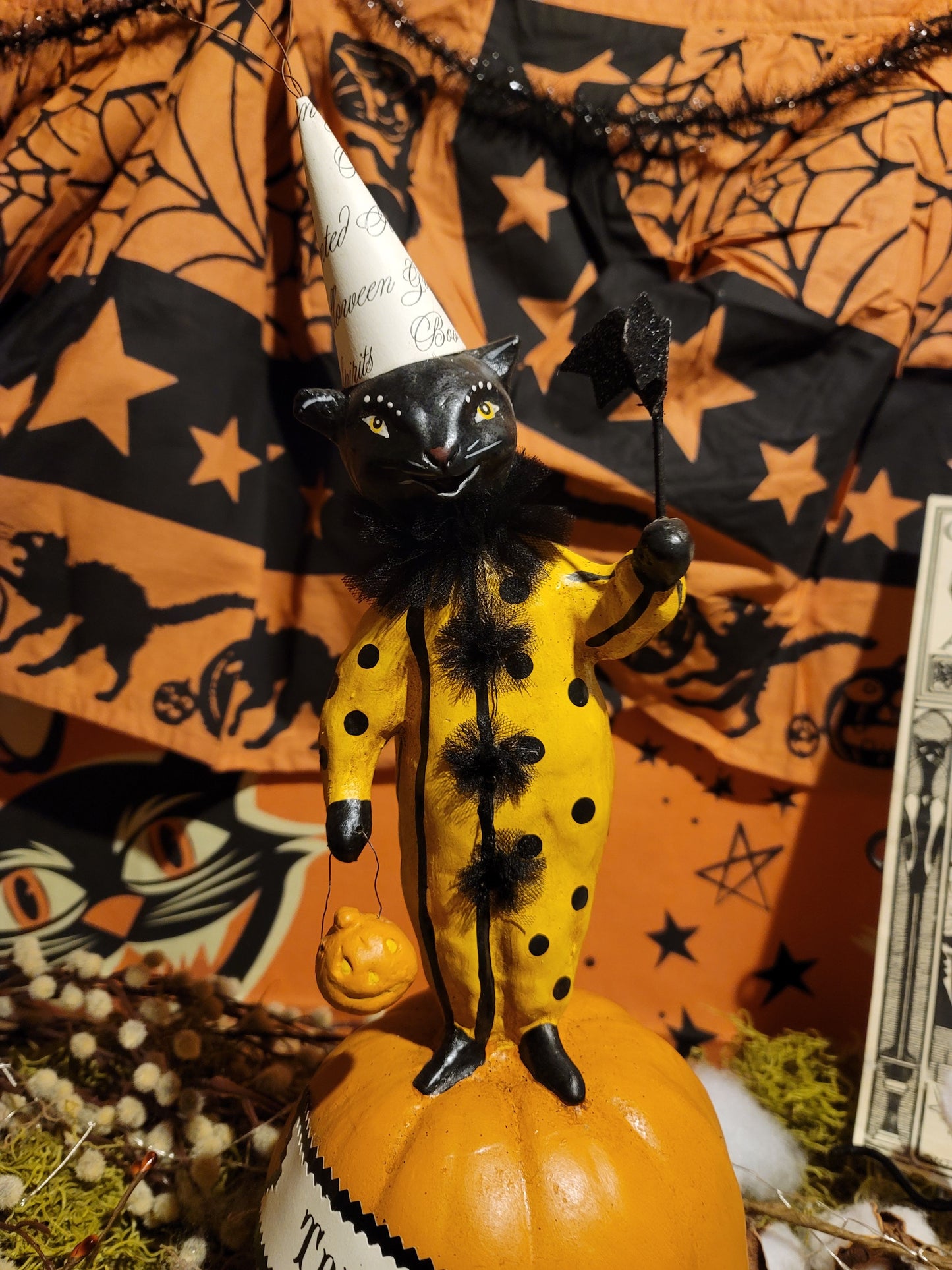 Vintage Halloween Style Nicol Sayre Black Cat Witch Pumpkin with Wand