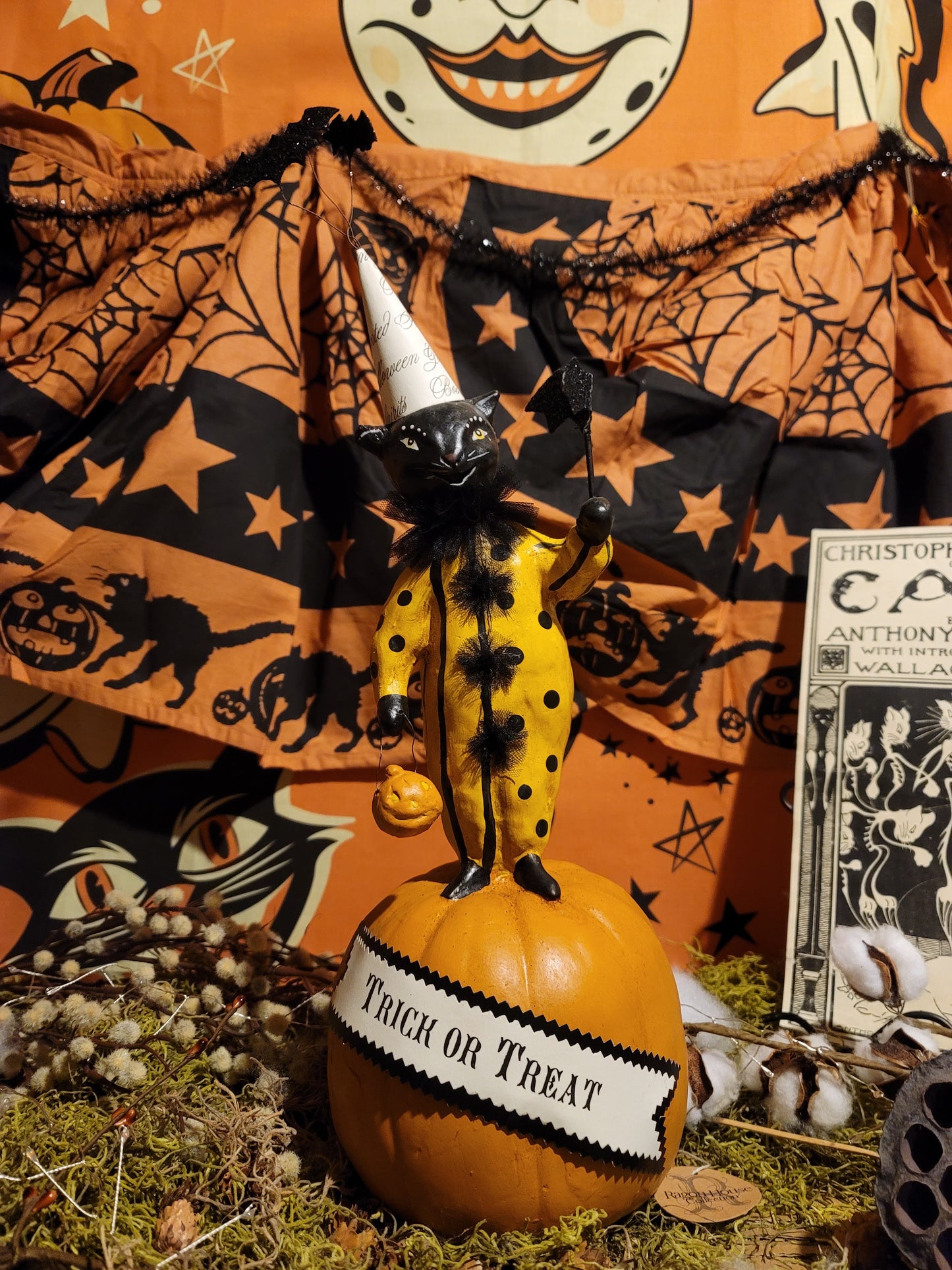 Vintage Halloween Style Nicol Sayre Black Cat Witch Pumpkin with Wand