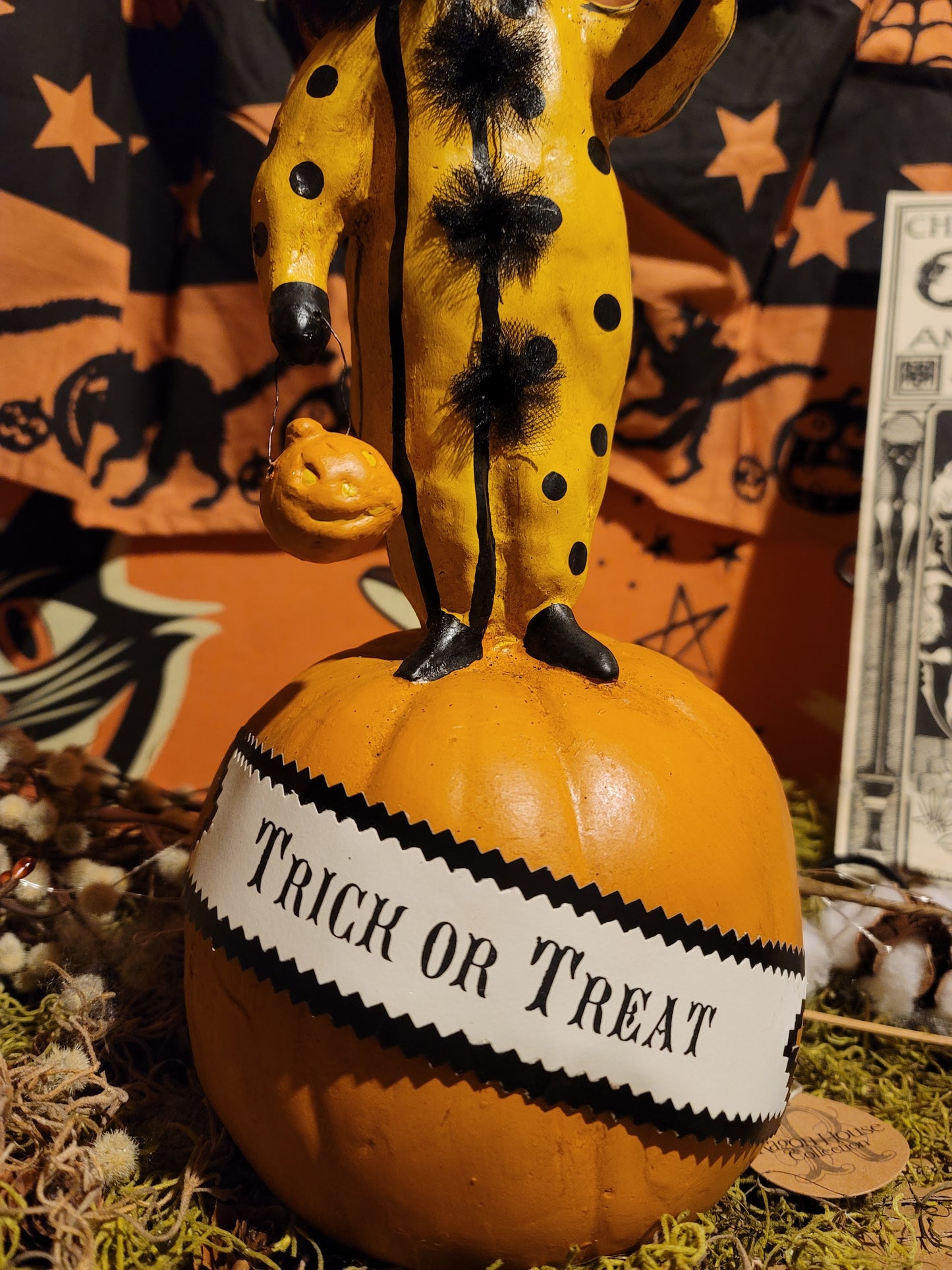 Vintage Halloween Style Nicol Sayre Black Cat Witch Pumpkin with Wand