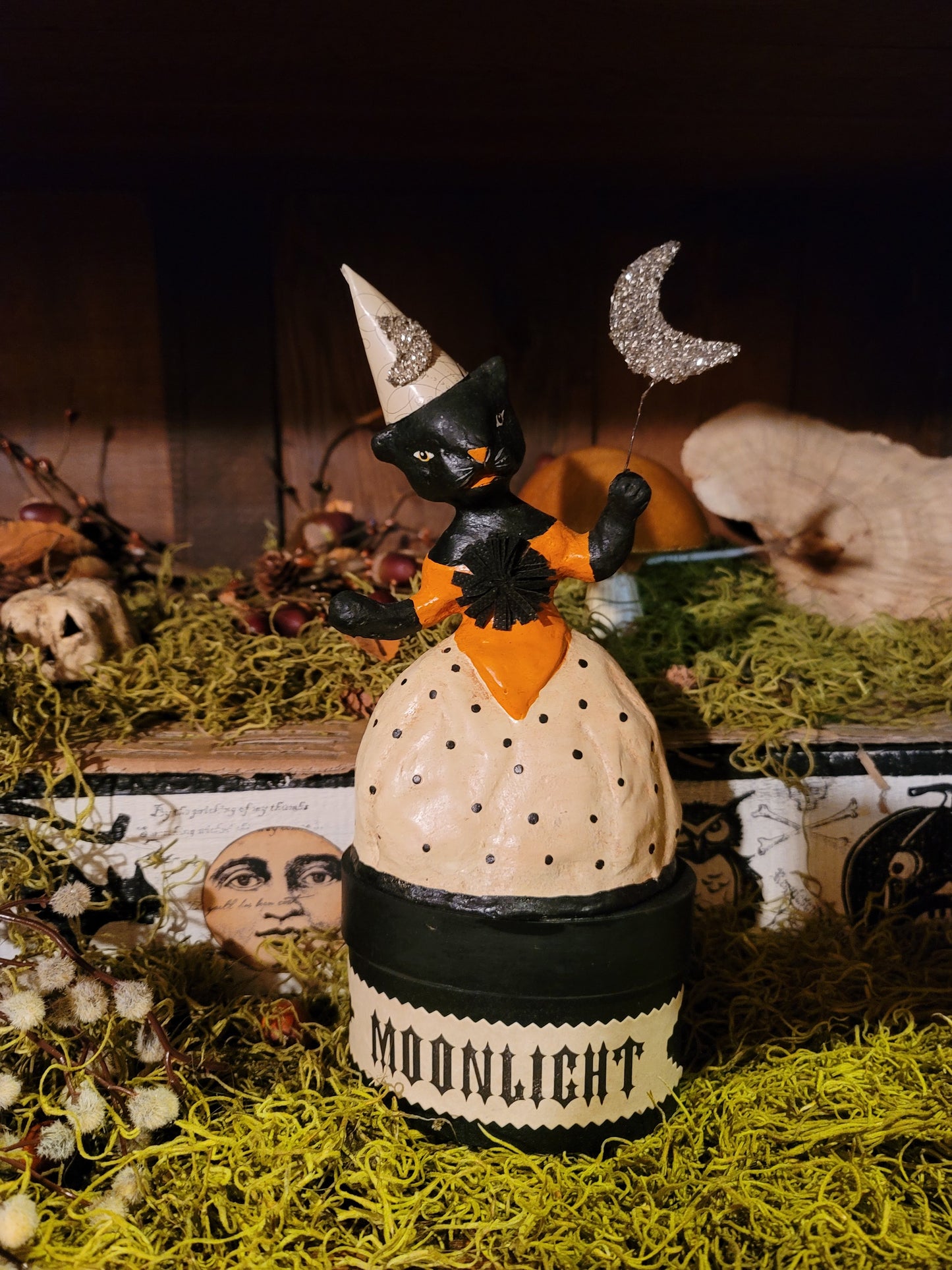 Vintage Halloween Style Nicol Sayre Black Cat Witch on Box Container Figurine