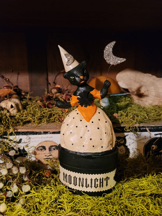 Vintage Halloween Style Nicol Sayre Black Cat Witch on Box Container Figurine