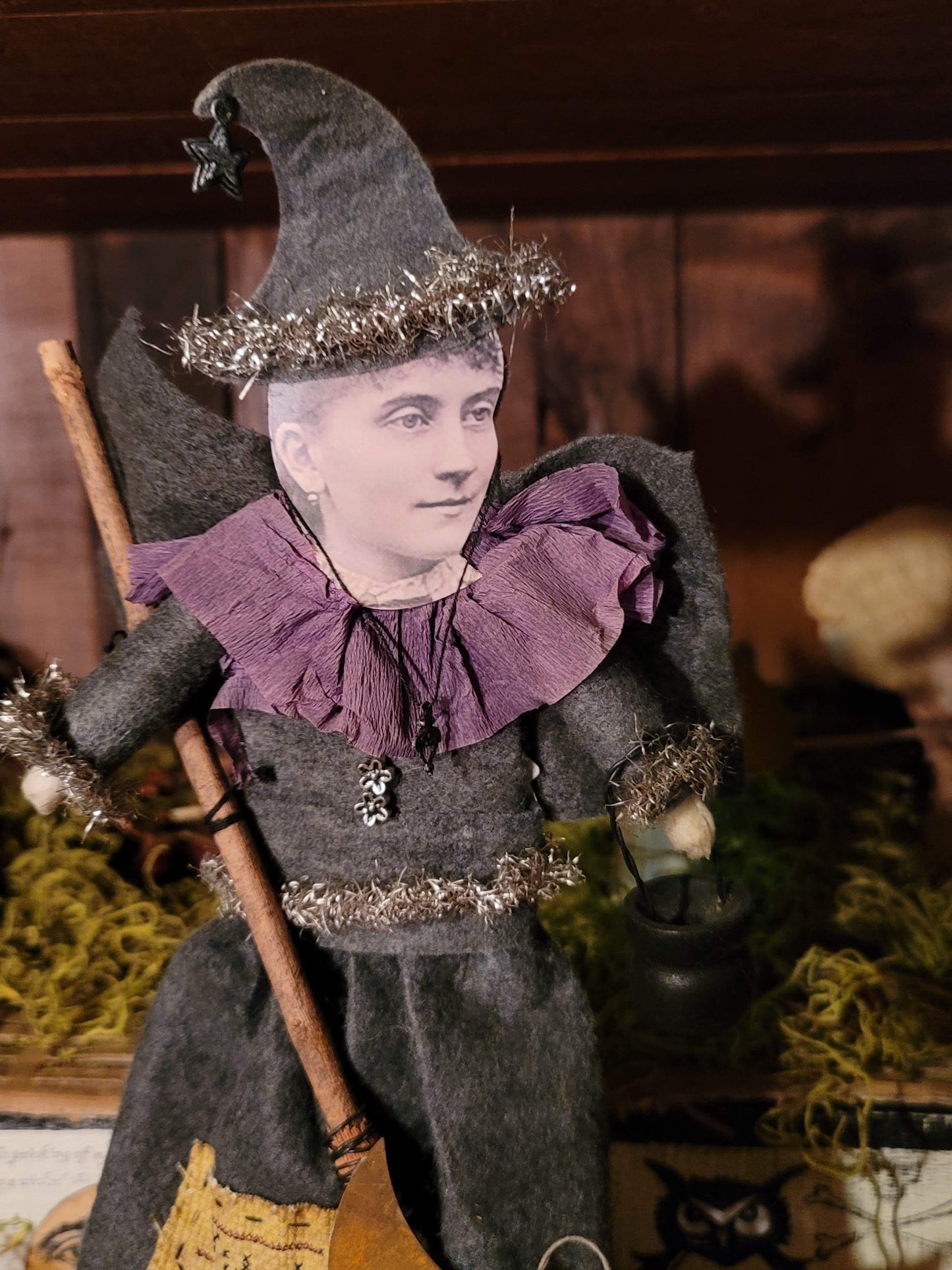 Vintage Halloween Style Photo Witch with Tinsel and Broom on Star Box Container