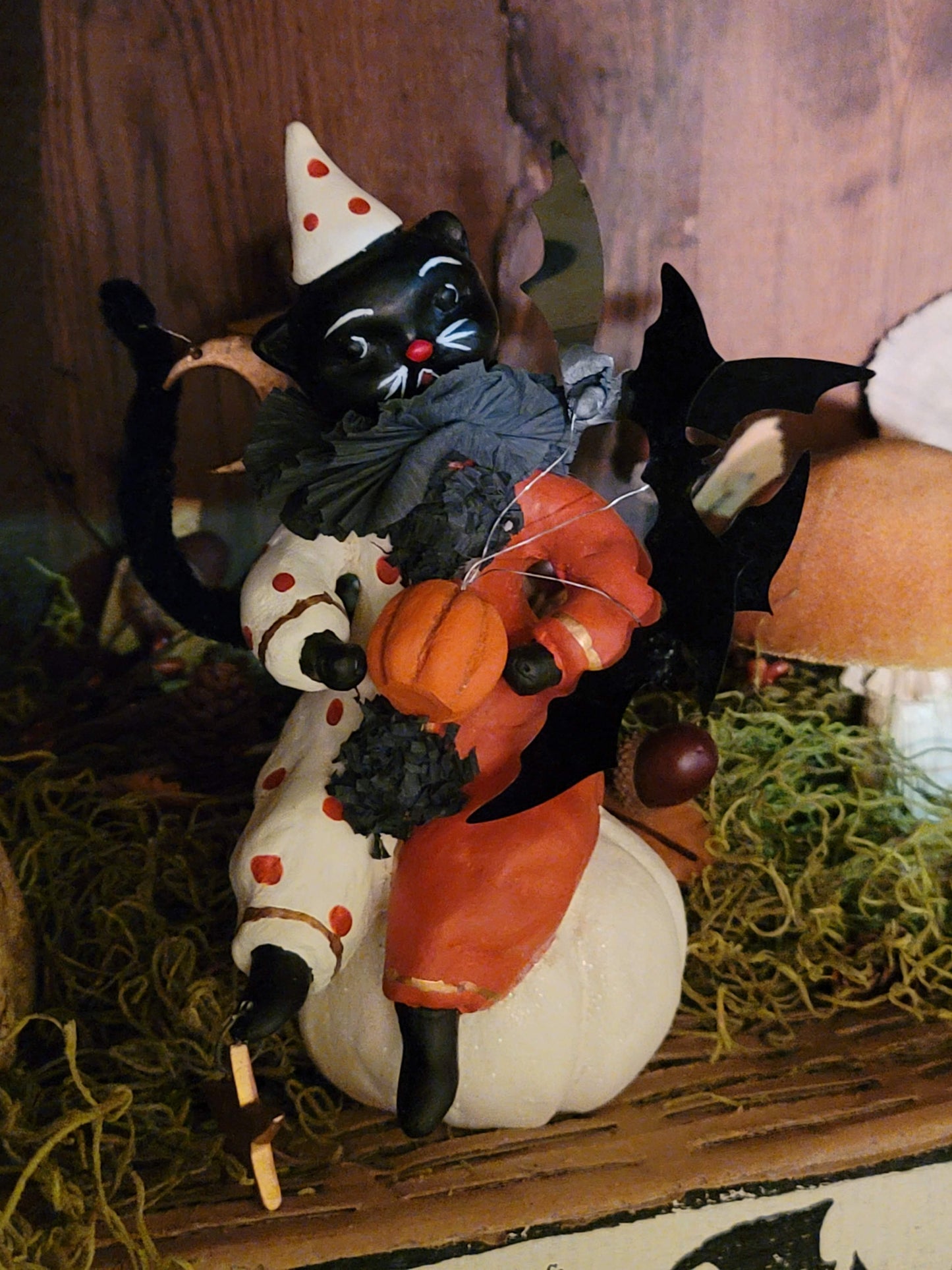 Vintage Halloween Style Dee Harvey Foust Black Cat Witch Clown on Pumpkin Figurine