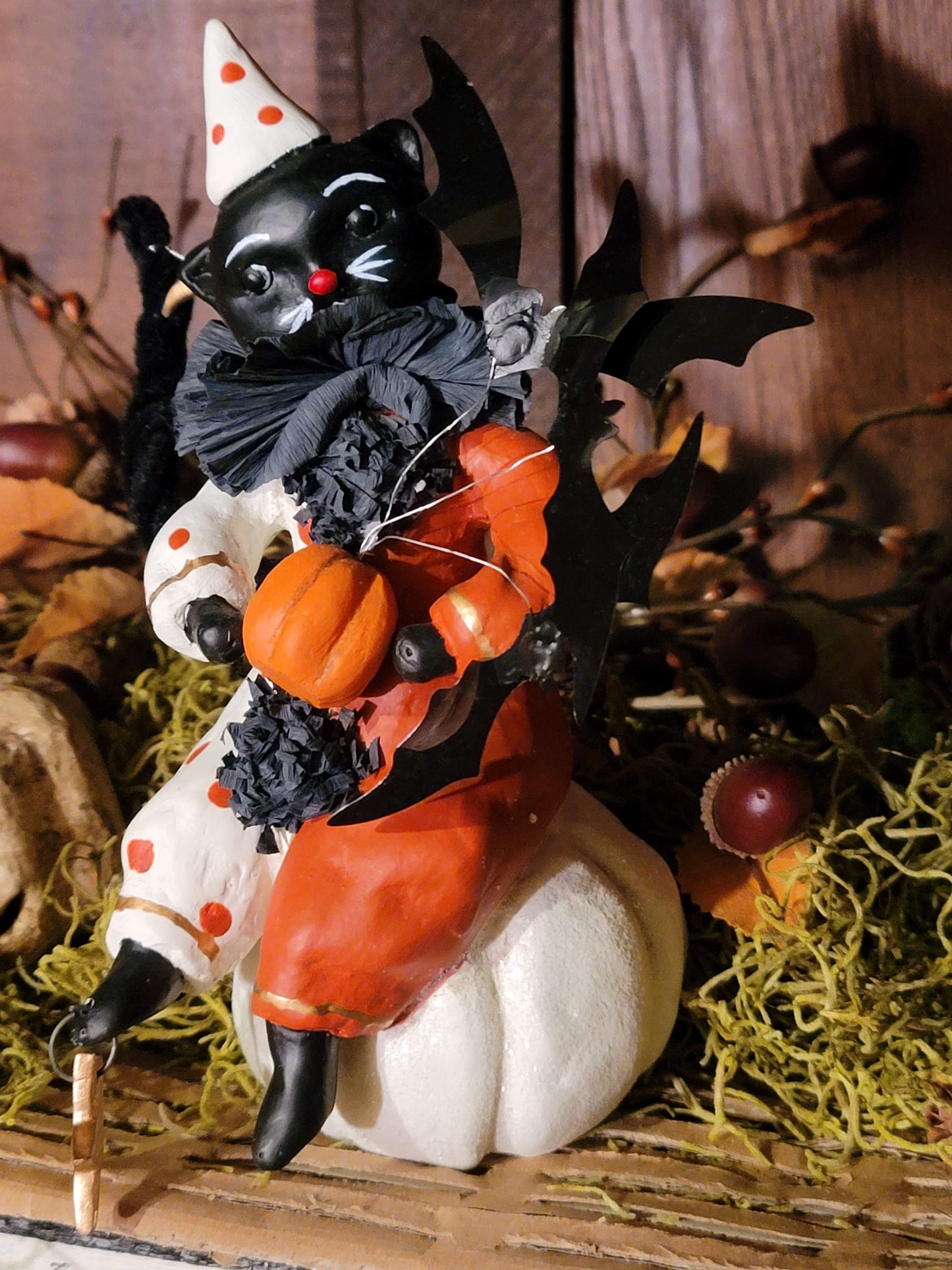 Vintage Halloween Style Dee Harvey Foust Black Cat Witch Clown on Pumpkin Figurine