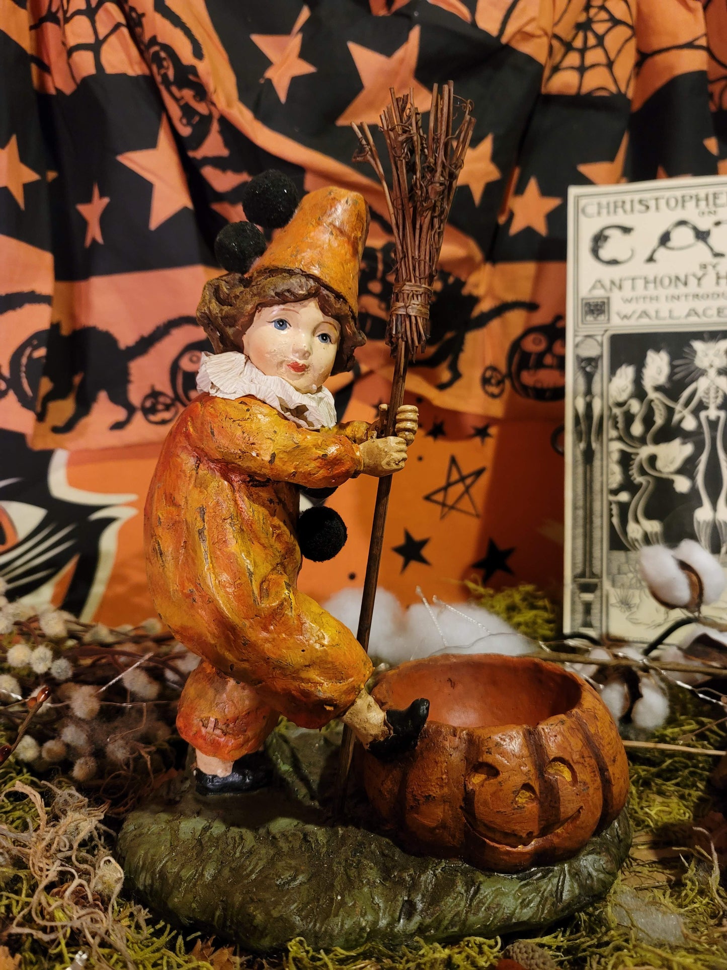 Vintage Halloween Style Postcard Clapsaddle Clown Girl Pumpkin Figurine