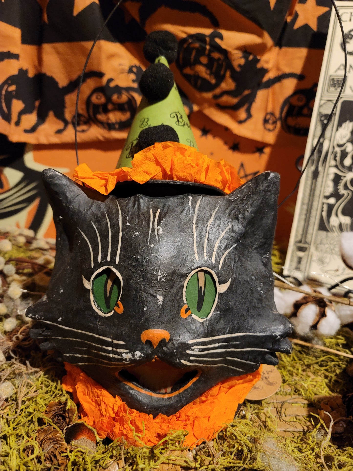 Vintage Halloween Style Bethany Lowe Black Cat Witch Candy Container Lantern