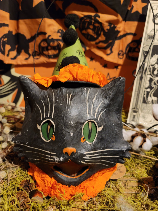 Vintage Halloween Style Bethany Lowe Black Cat Witch Candy Container Lantern