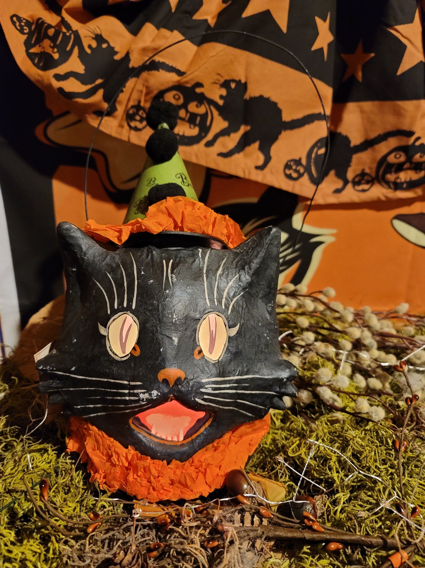 Vintage Halloween Style Bethany Lowe Black Cat Witch Candy Container Lantern