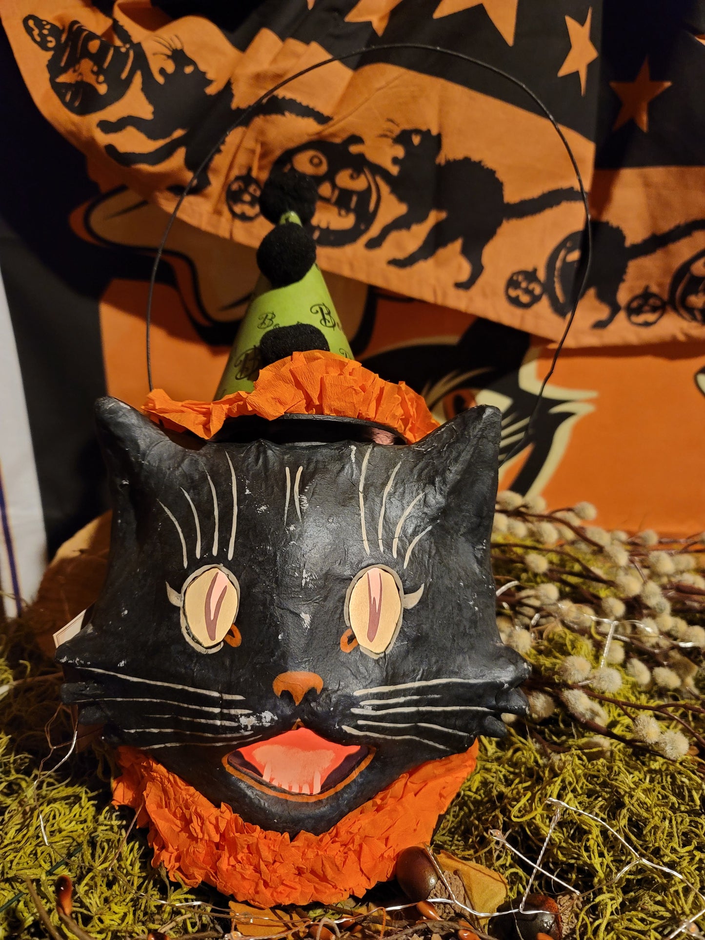 Vintage Halloween Style Bethany Lowe Black Cat Witch Candy Container Lantern