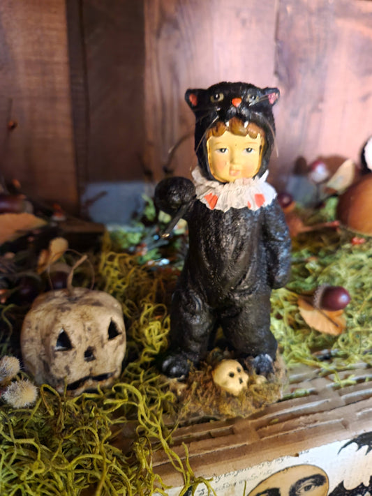 Vintage Halloween Style Bethany Lowe Black Cat Trick or Treater with Candy Corn Pole