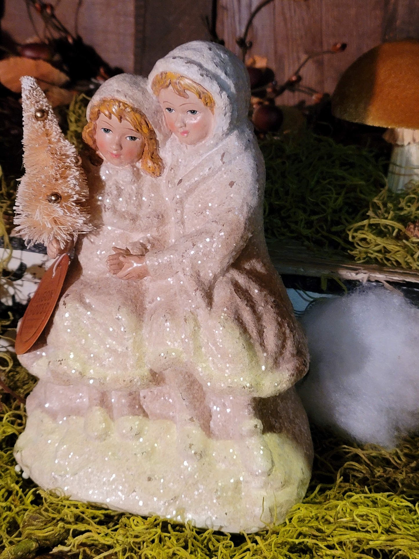 Vintage Victorian Christmas Style Woodland Realm Snow Children Glittered Figurine