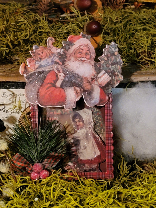 Vintage Victorian Christmas Style Santa with Child Shadow Box Ornament