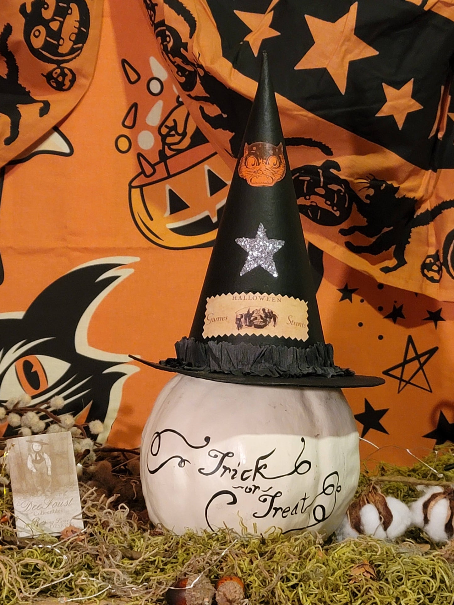 Vintage Halloween Style Dee Foust Witch Pumpkin Candy Container with Black Cat