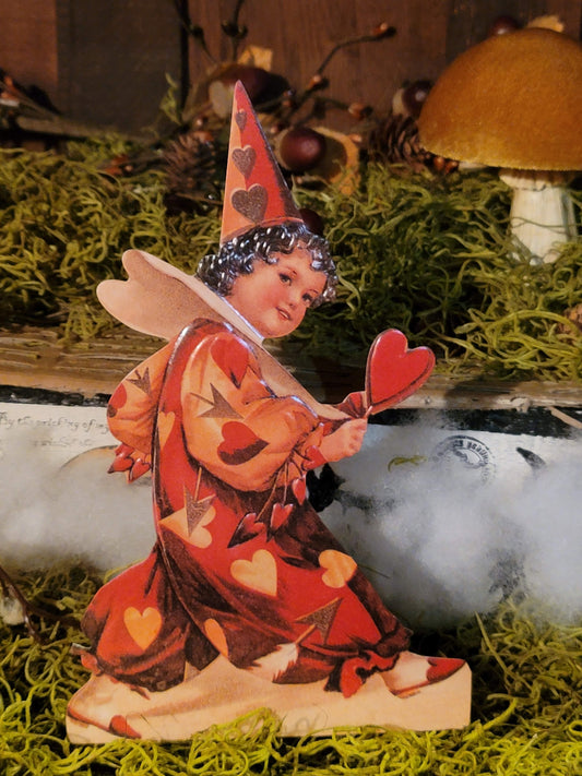 Vintage Victorian Style Cupid Clown Valentine Easel Card Holding Heart