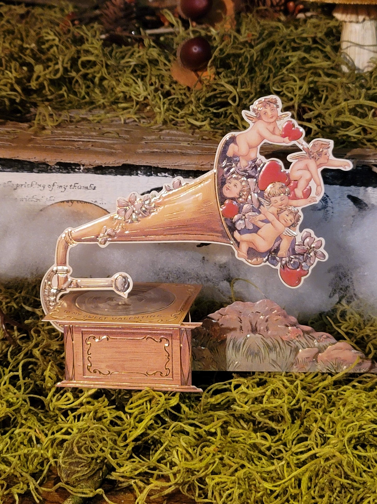 Vintage Victorian Style Cupids Gramaphone 3D Anniversary Proposal Marriage Love Card