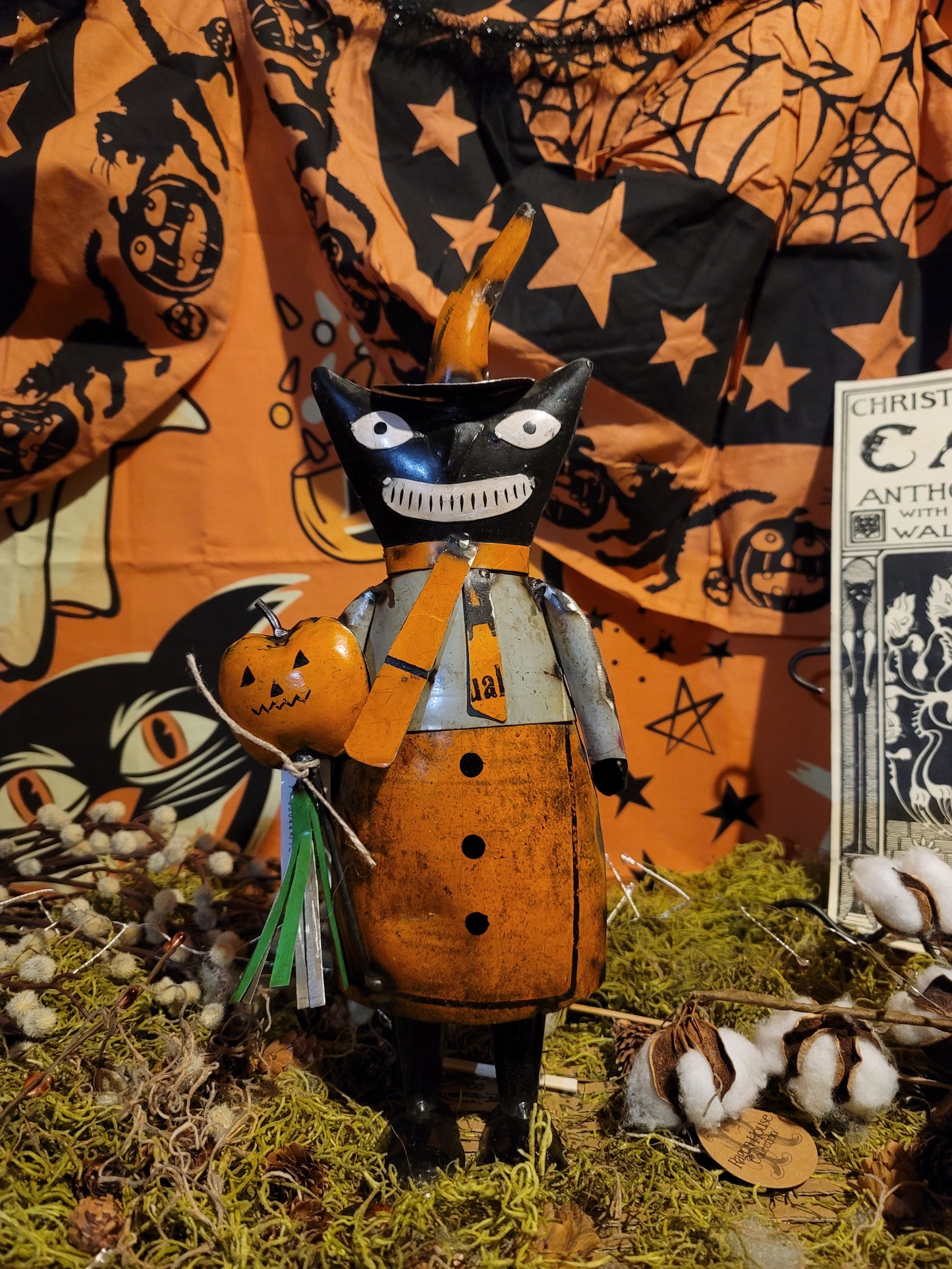 Vintage Halloween Style Metal Black Cat Witch with Pumpkin