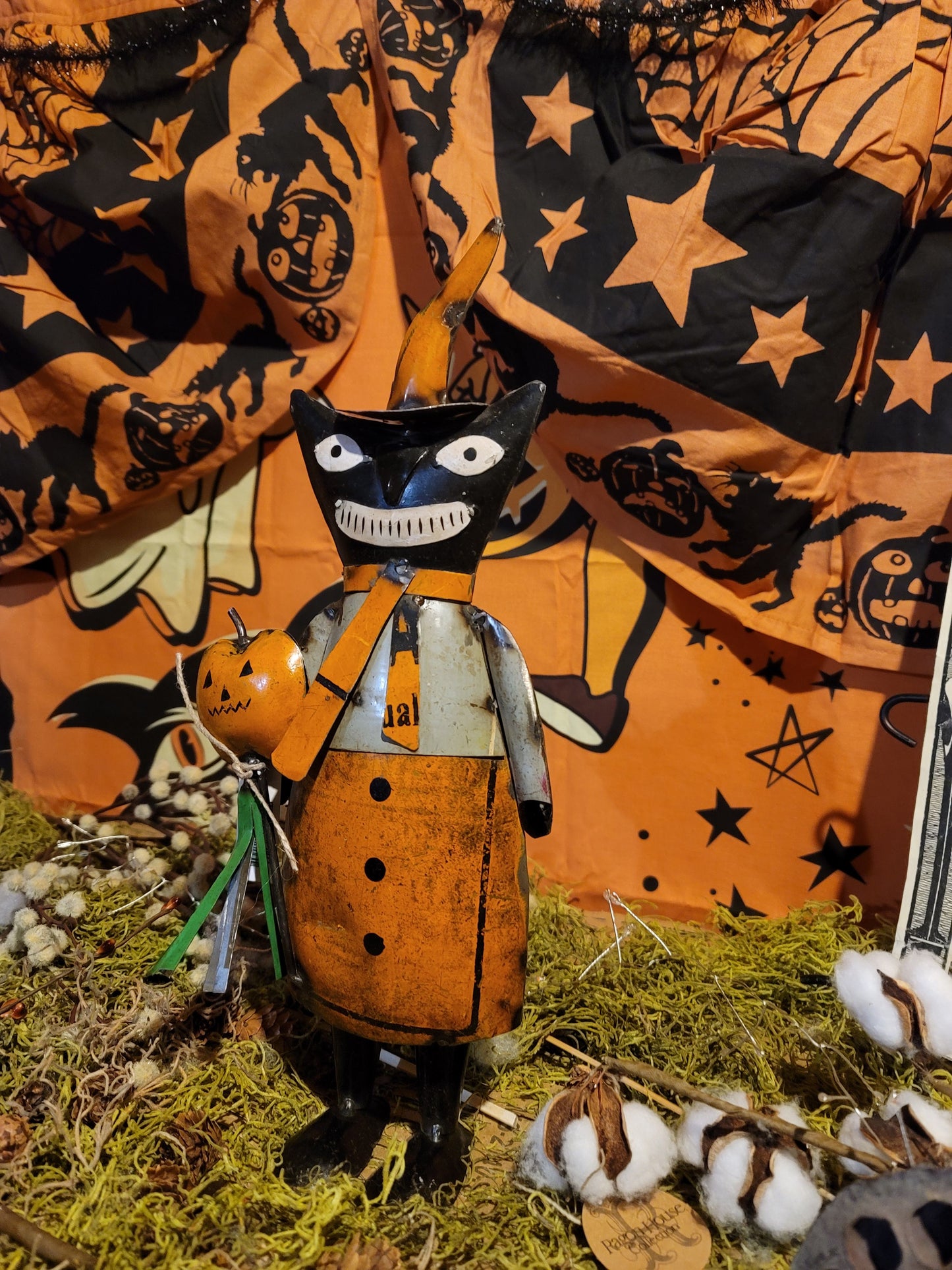Vintage Halloween Style Metal Black Cat Witch with Pumpkin