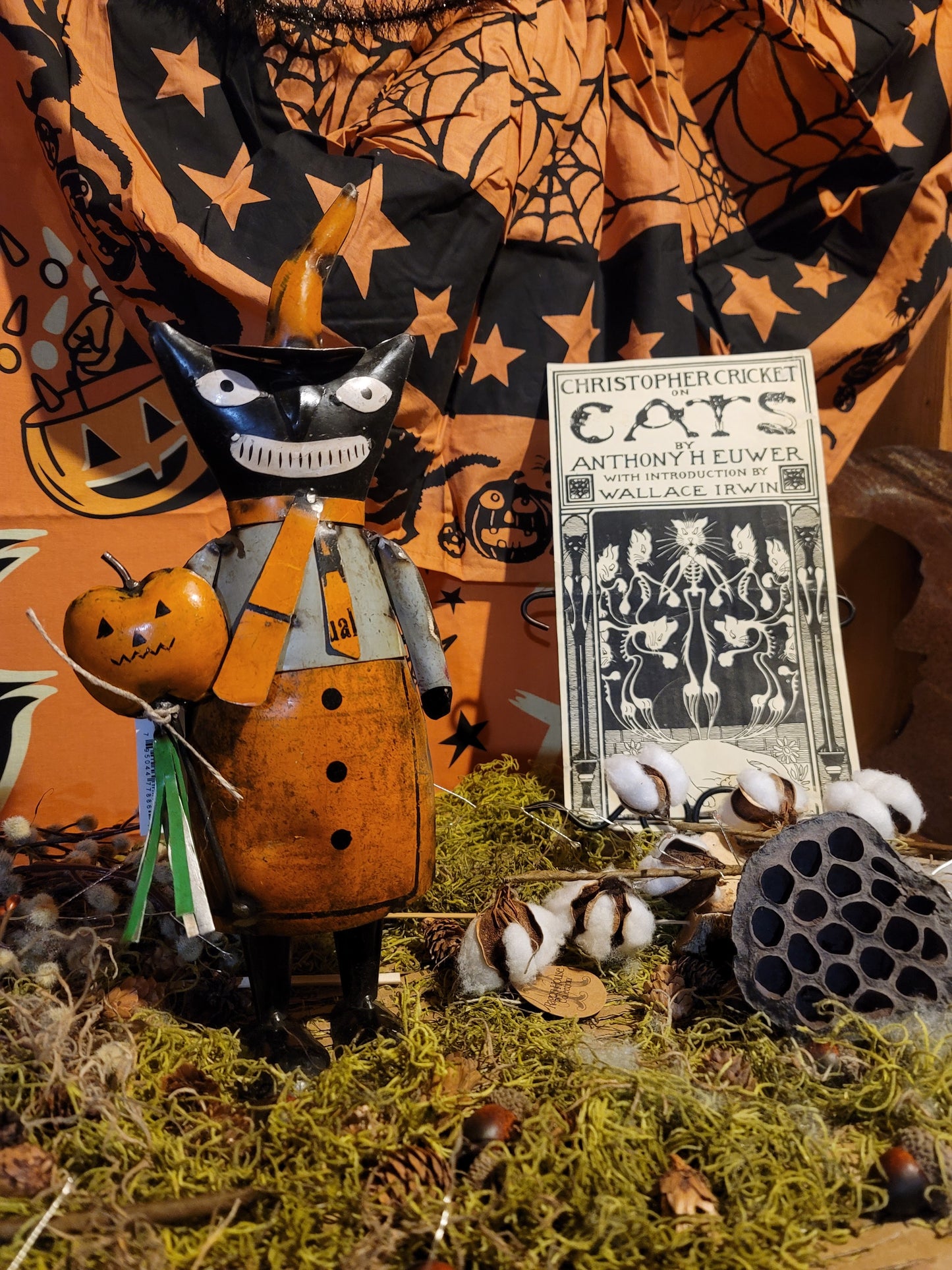 Vintage Halloween Style Metal Black Cat Witch with Pumpkin