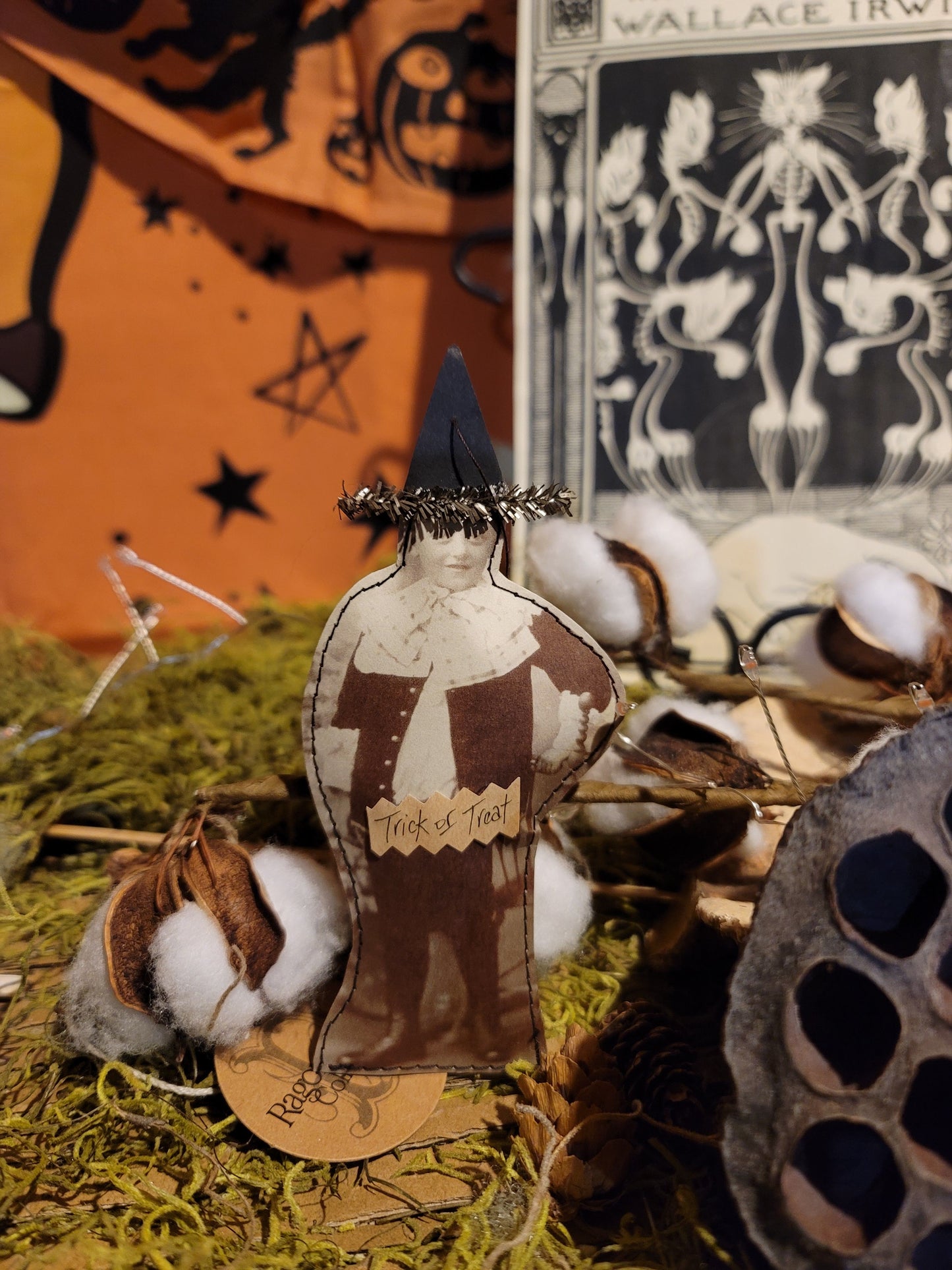 Vintage Halloween Style Photo Witch Boy Paper Pillow Ornament