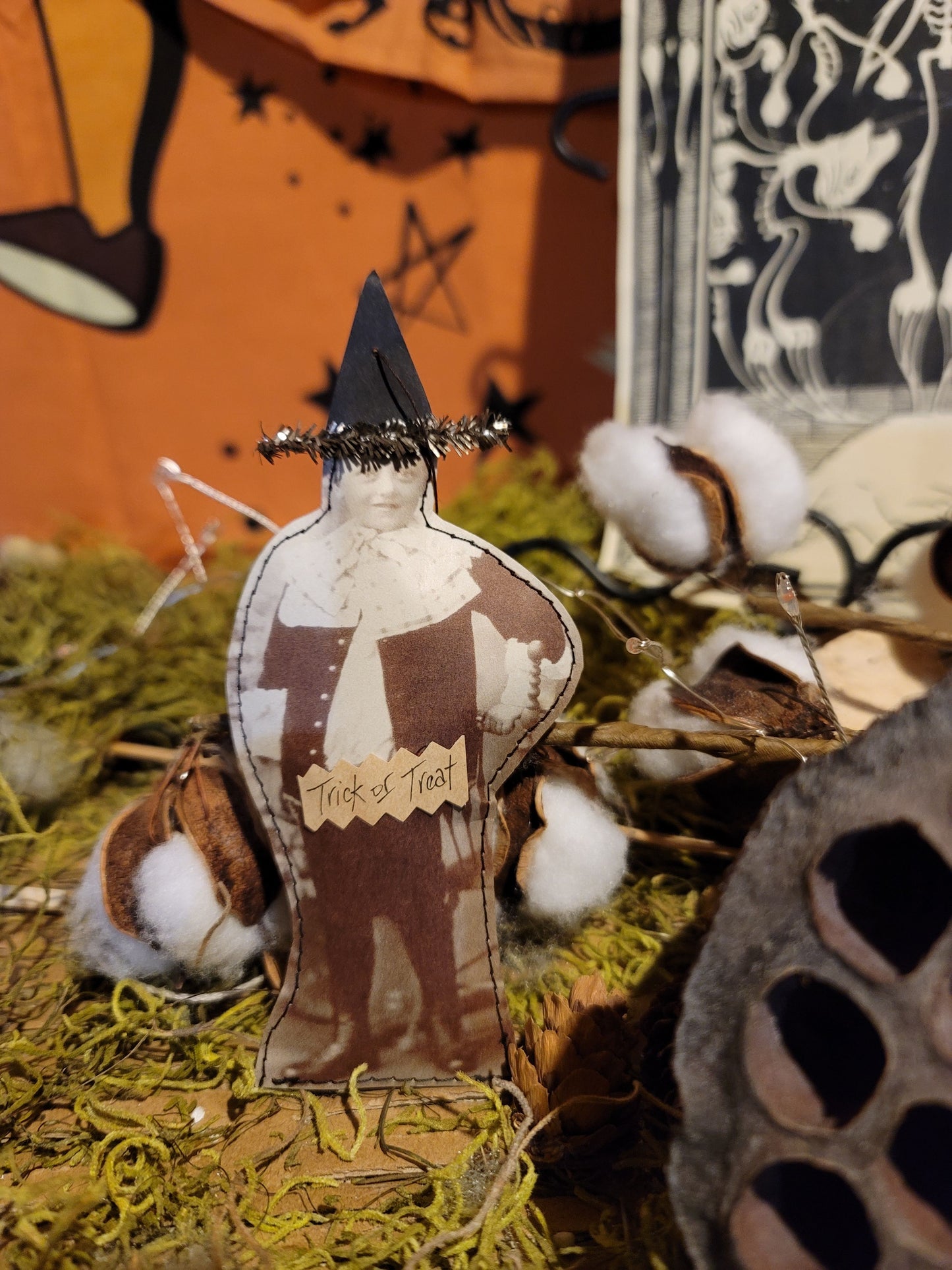Vintage Halloween Style Photo Witch Boy Paper Pillow Ornament
