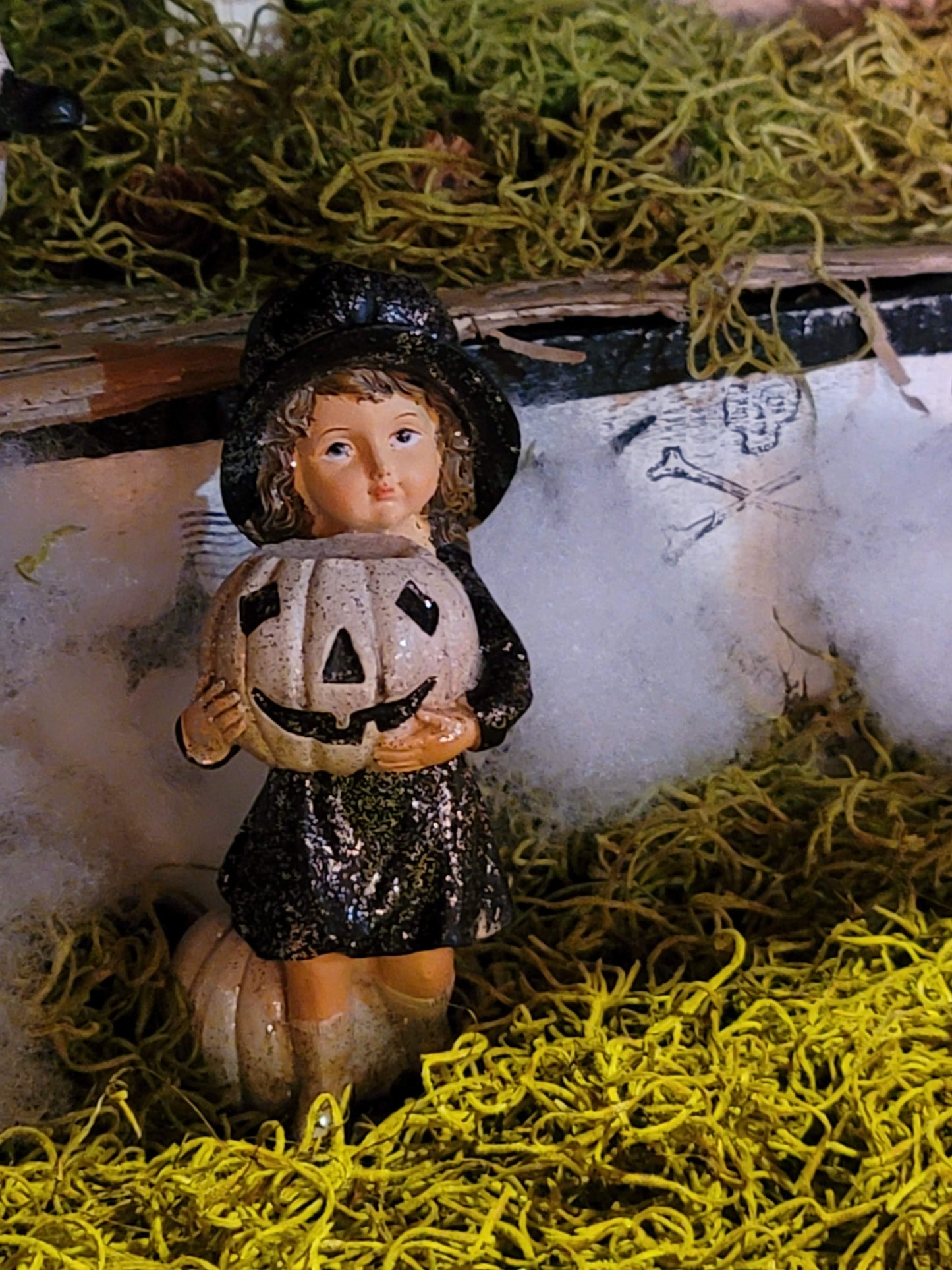 Vintage Halloween Style Glittered Girl in Hat with Pumpkin