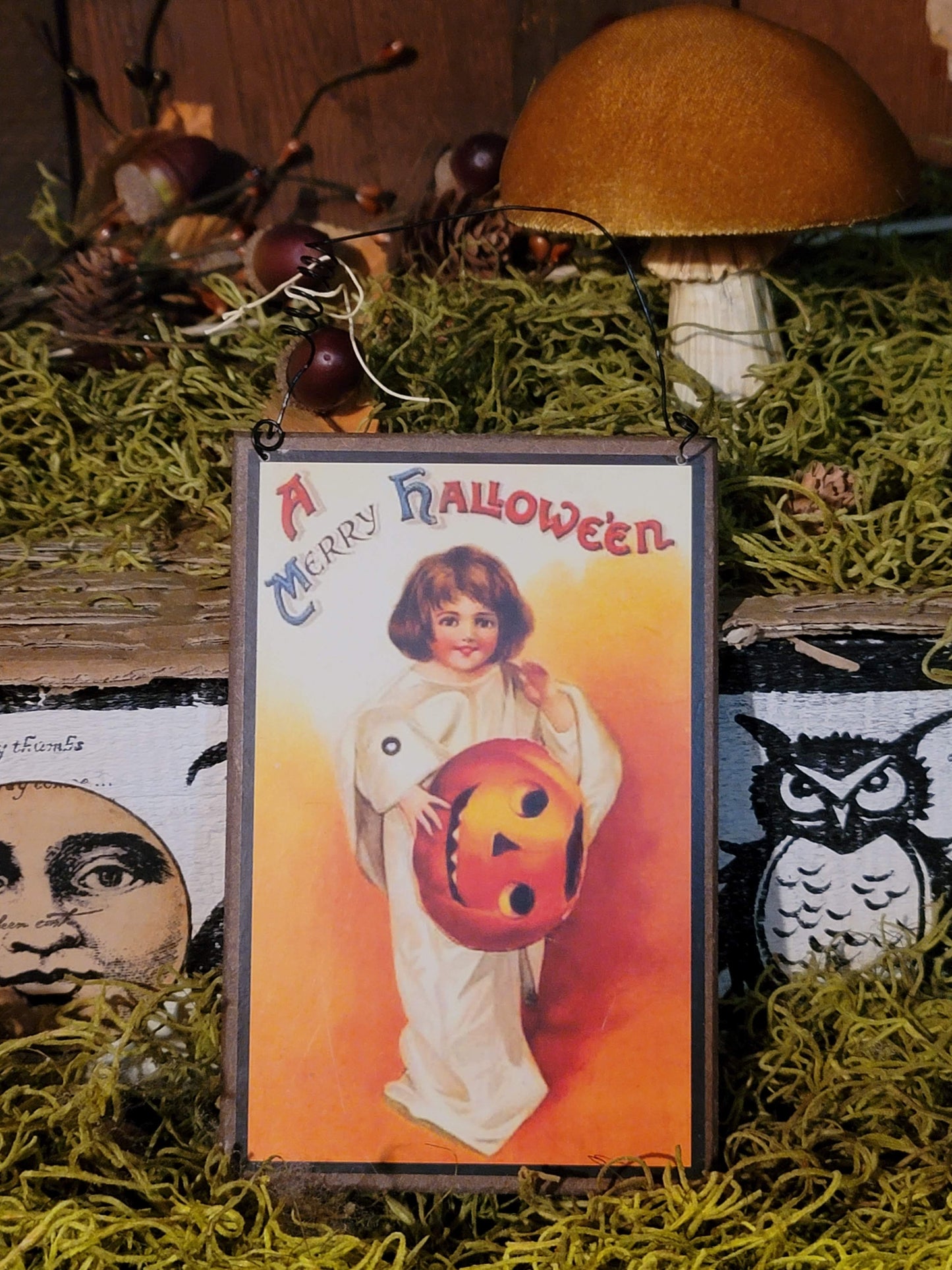 Vintage Halloween Postcard Clapsaddle Hanging Girl Ghost Plaque Ornament