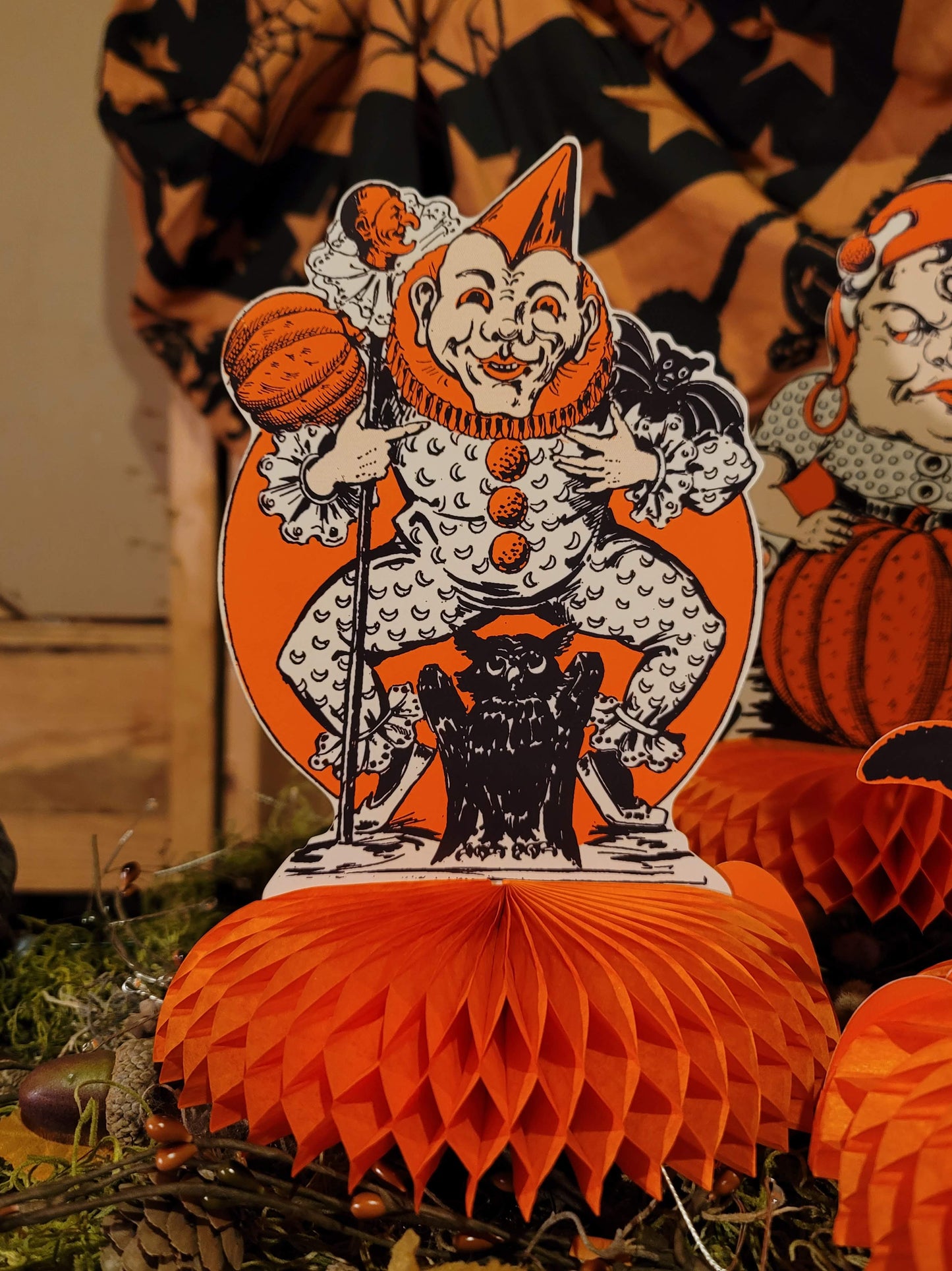 Vintage Halloween Style Set of 4 Witch, Gypsy, Clown Jester and Black Cat