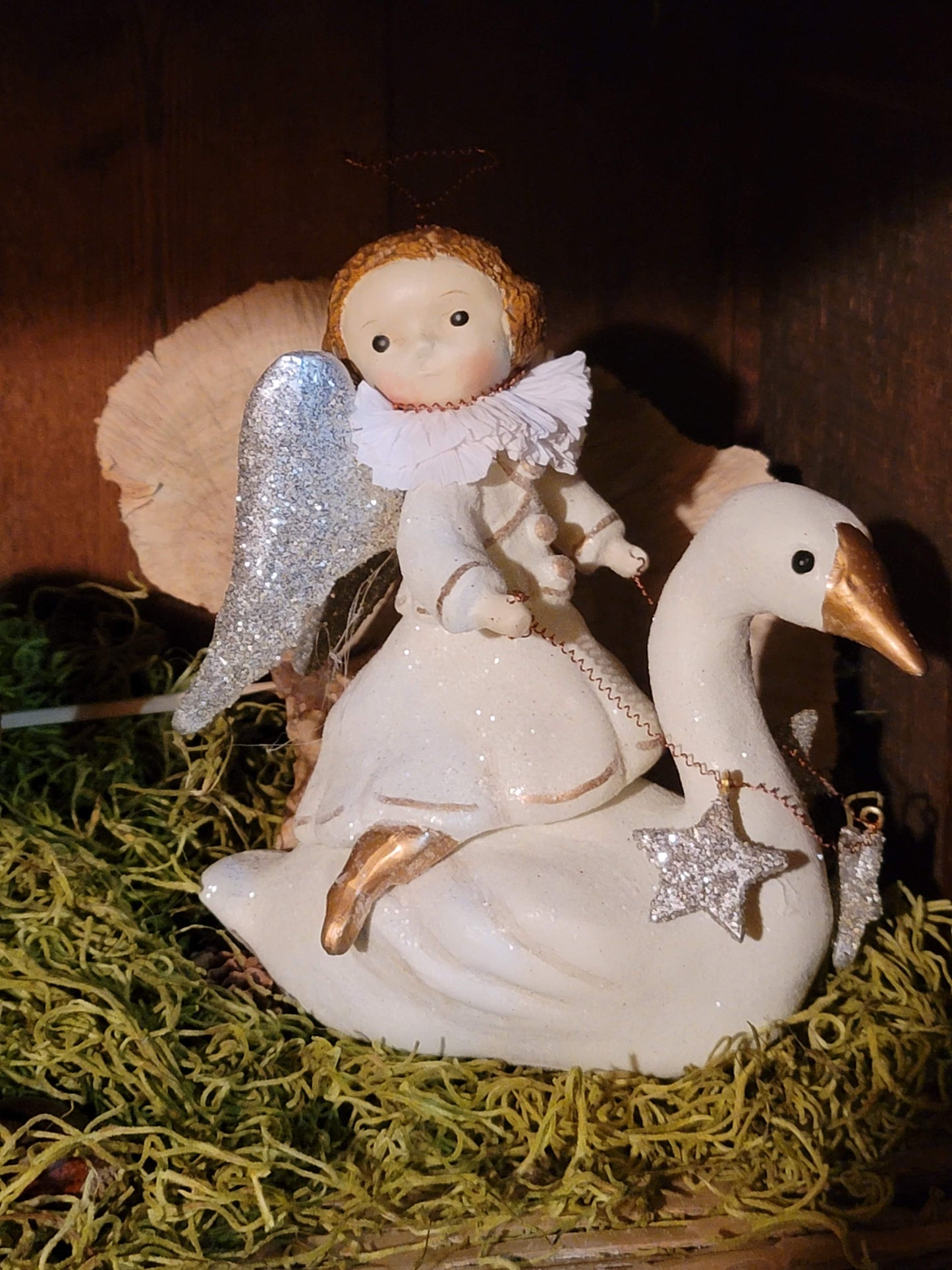 Folk Art Christmas Dee Harvey Foust Angel Rider on Swan Figurine