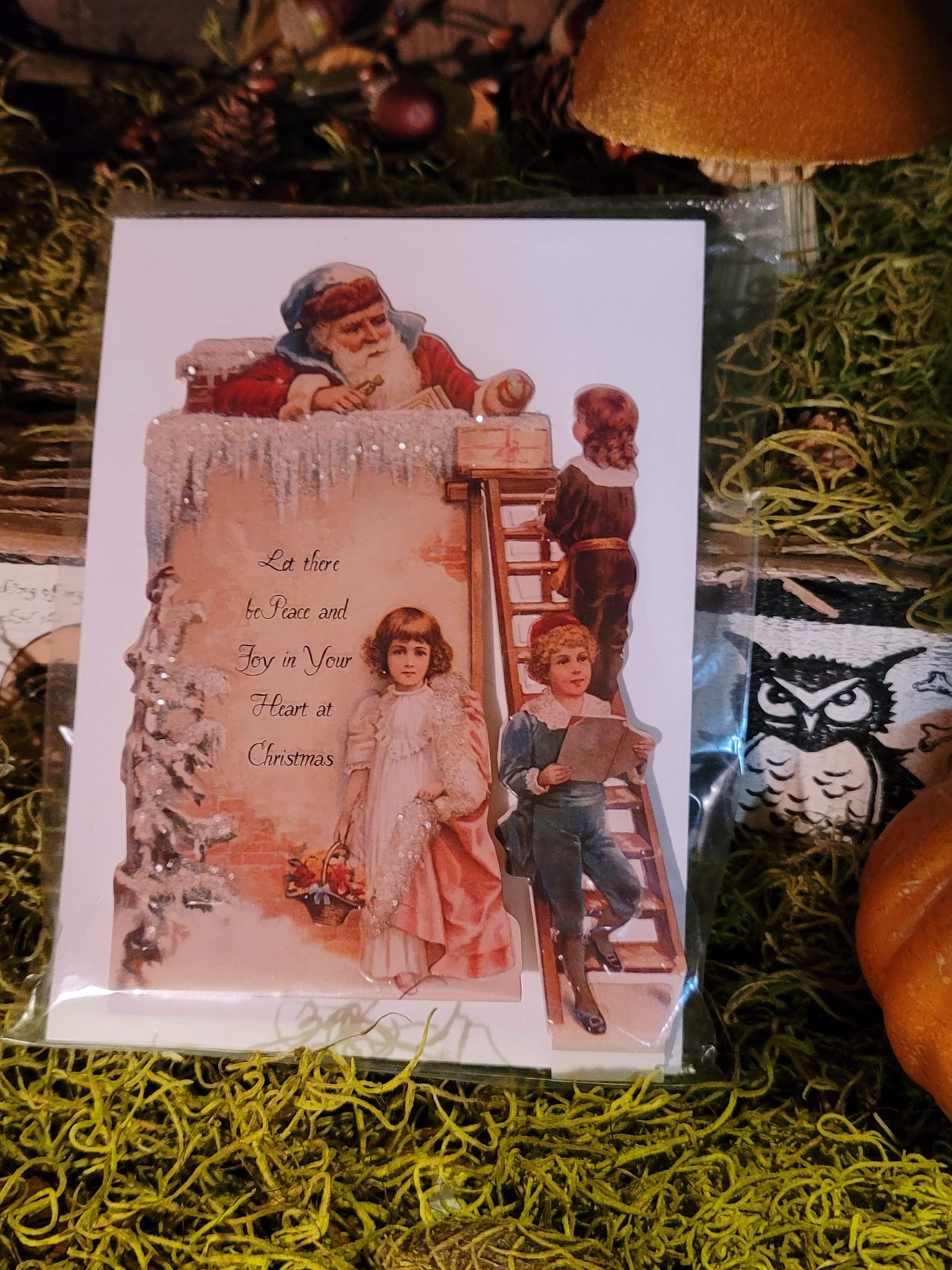 Vintage Victorian Christmas Father Christmas Standing Glittered Ladder Easel Card