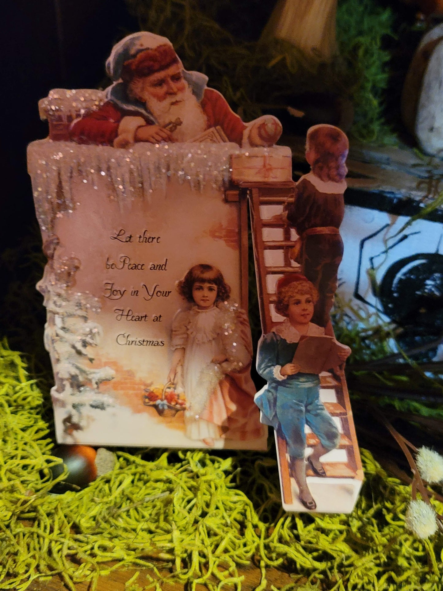 Vintage Victorian Christmas Father Christmas Standing Glittered Ladder Easel Card