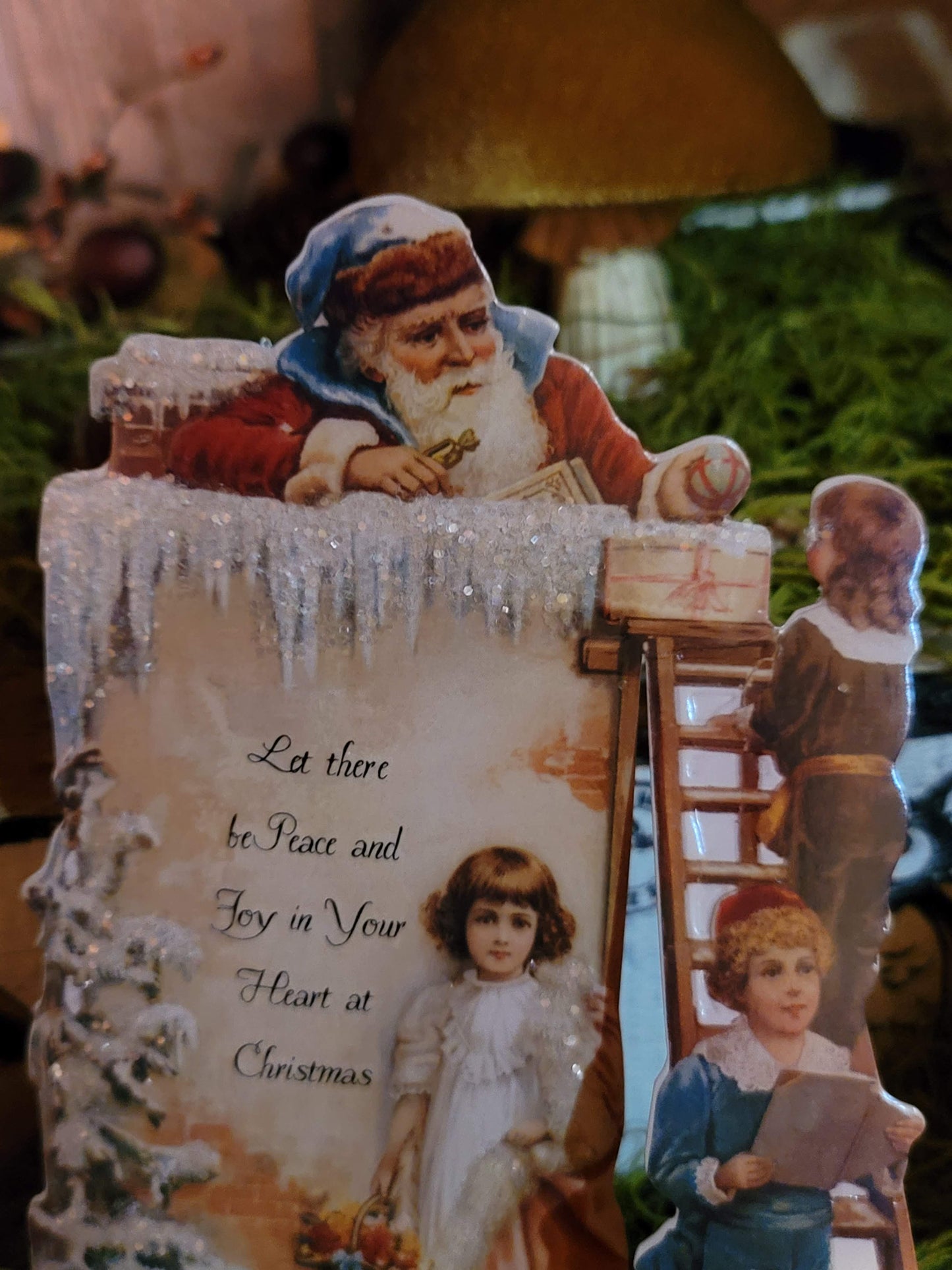 Vintage Victorian Christmas Father Christmas Standing Glittered Ladder Easel Card