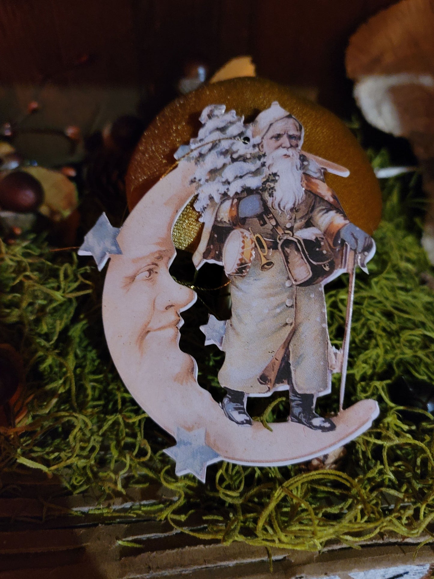 Vintage Victorian Christmas Style Belsnickle Santa Moon Paper Ornament