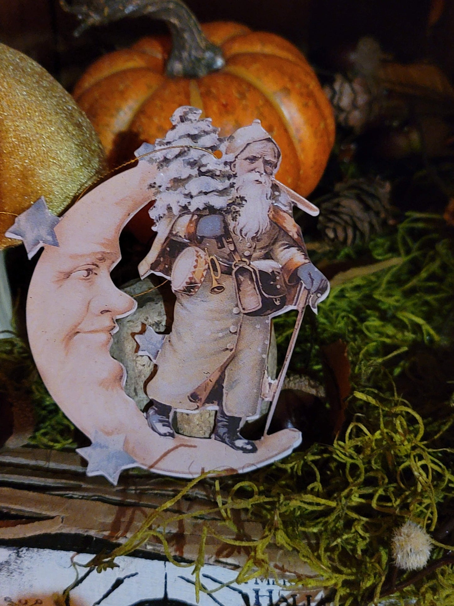 Vintage Victorian Christmas Style Belsnickle Santa Moon Paper Ornament