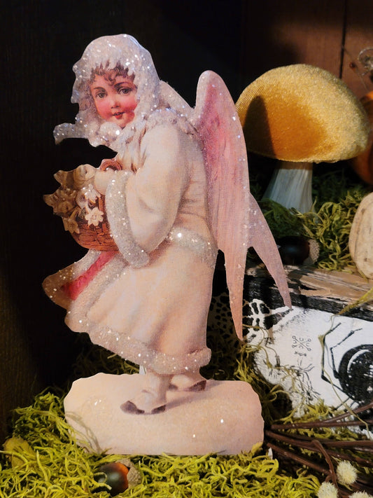 Vintage Victorian Christmas Snow Angel Standing Easel Back Card