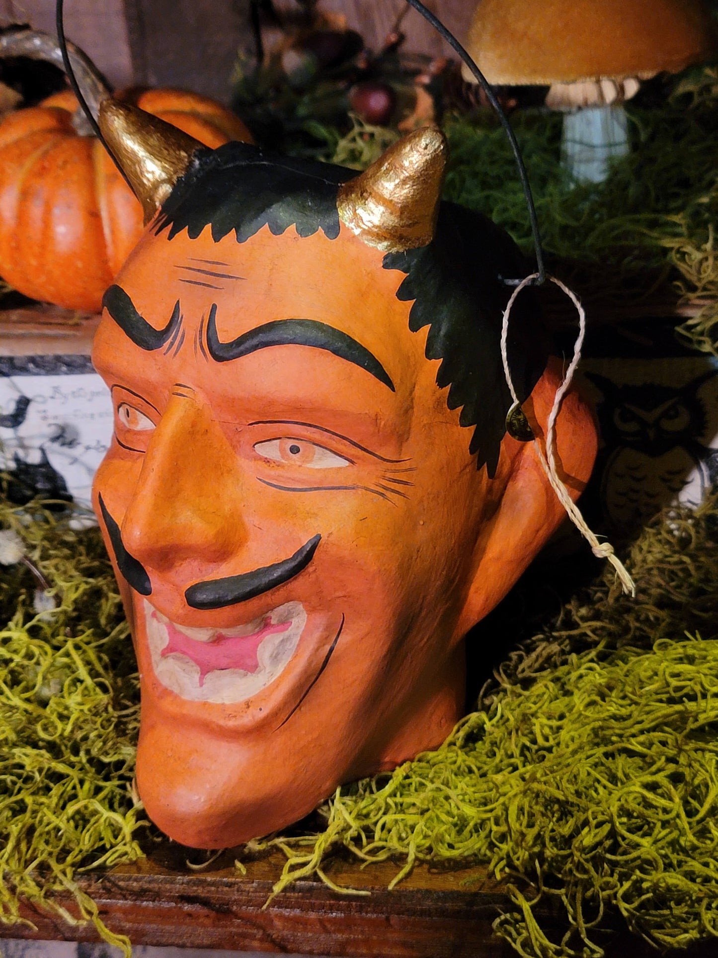 Vintage Halloweeen Style Tharnwyck Devil Head Golden Horns Paper Mache Candy Bucket