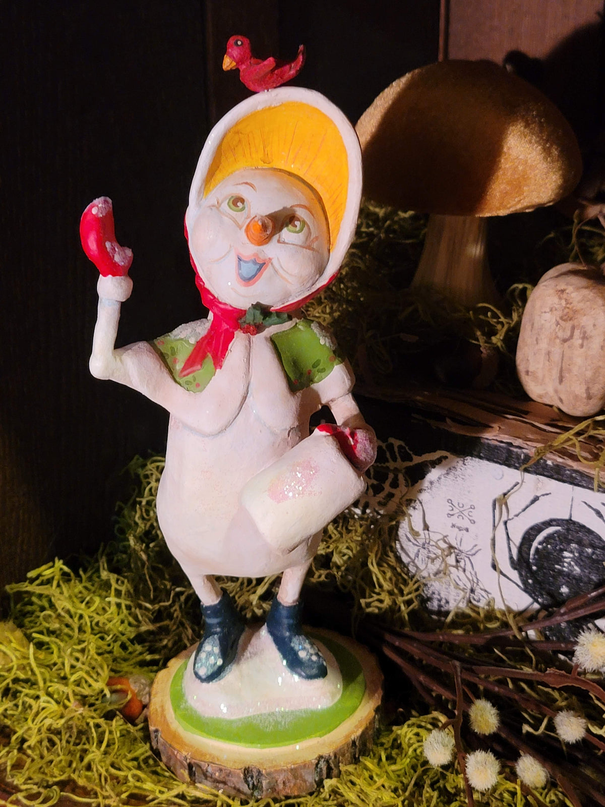 Vintage Christmas Style Halloweth Visiting Snowman Girl with Bird