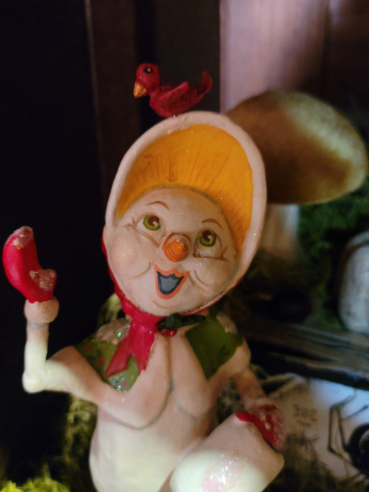 Vintage Christmas Style Halloweth Visiting Snowman Girl with Bird