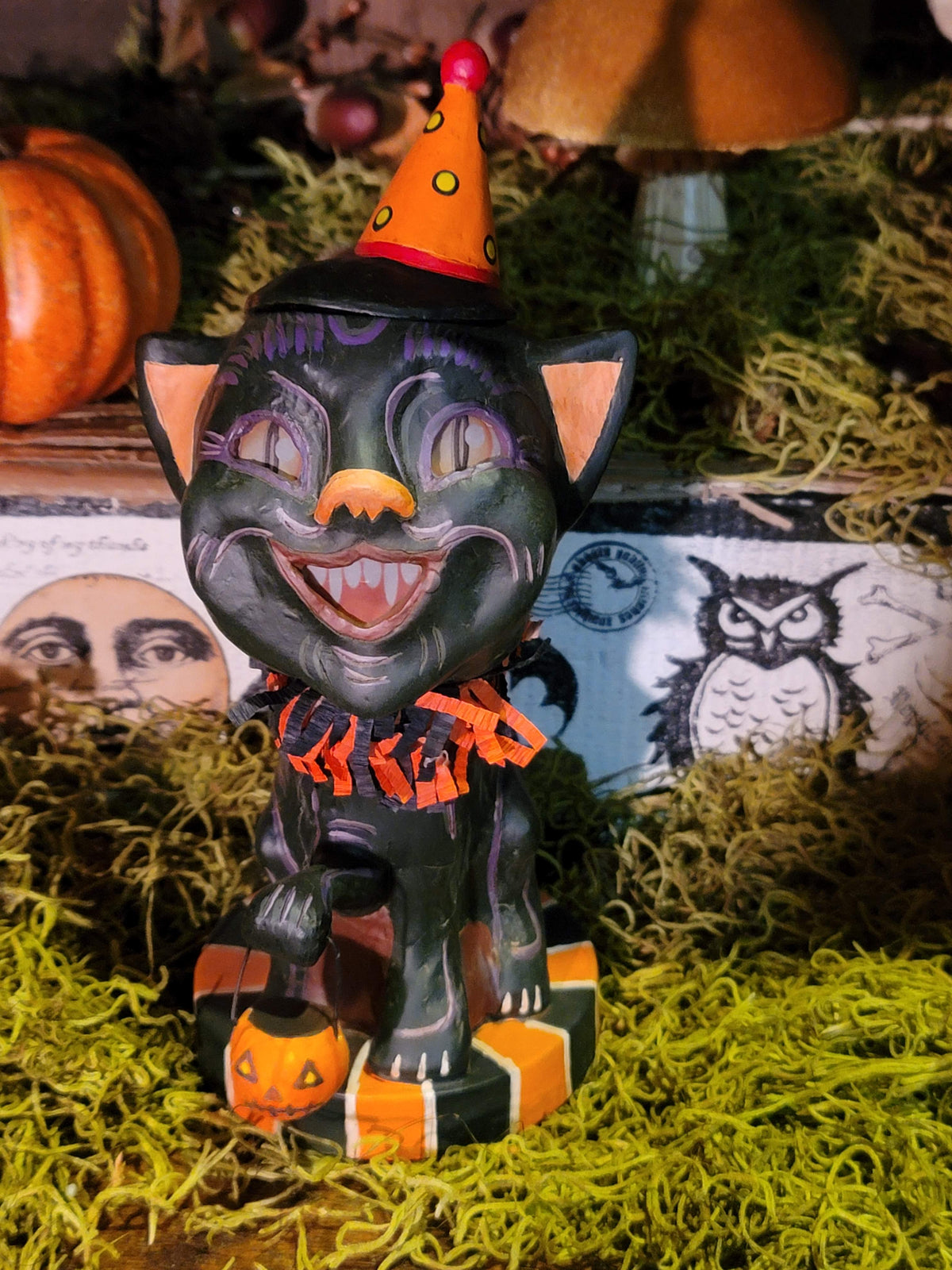 Vintage-Style Halloween Black Cat Figurine with Pumpkin Lantern