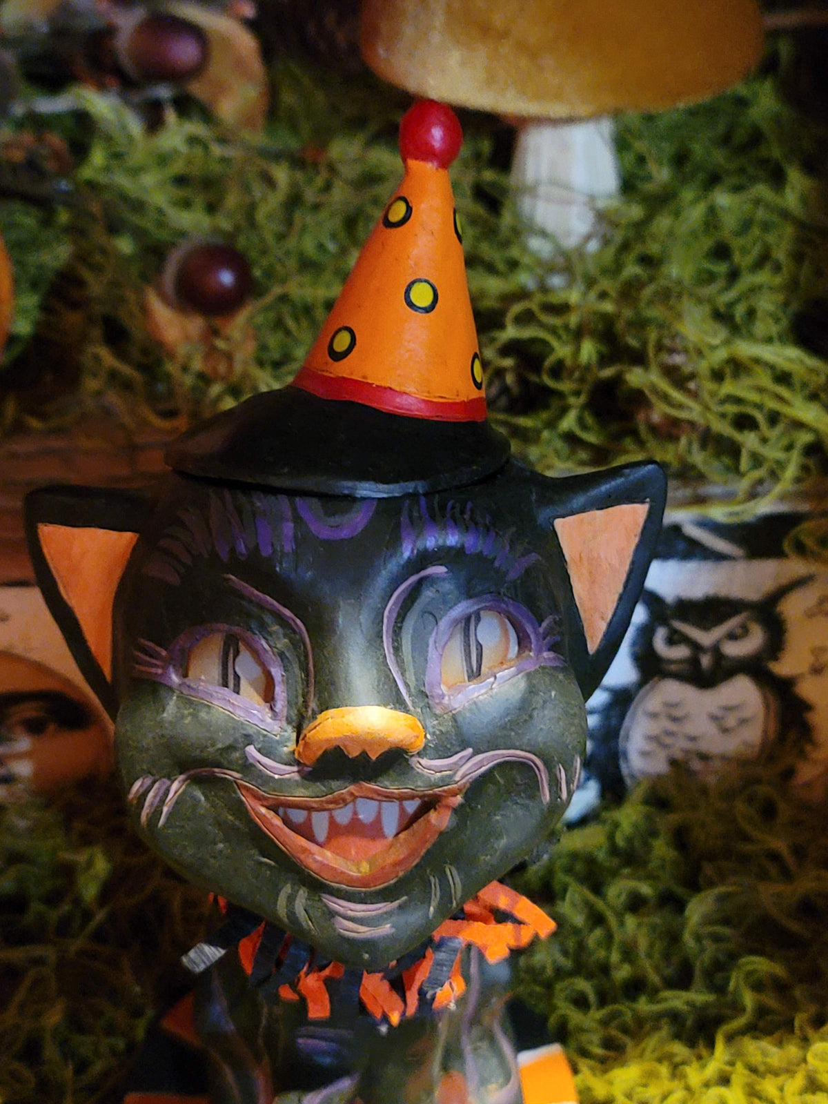 Vintage-Style Halloween Black Cat Figurine with Pumpkin Lantern