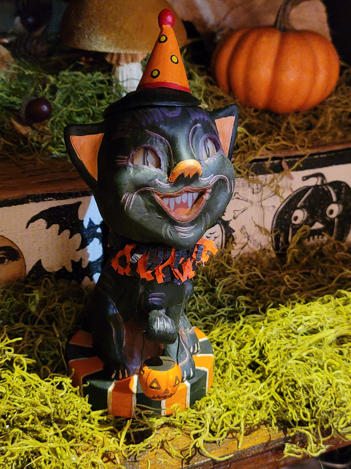 Vintage-Style Halloween Black Cat Figurine with Pumpkin Lantern