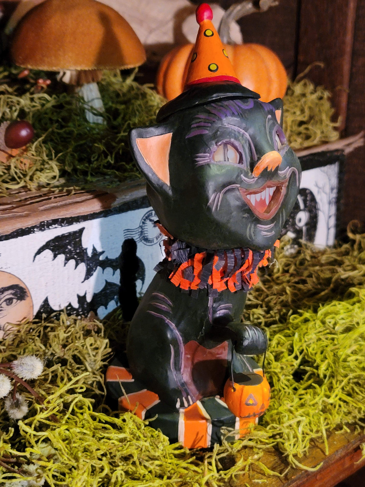 Vintage-Style Halloween Black Cat Figurine with Pumpkin Lantern