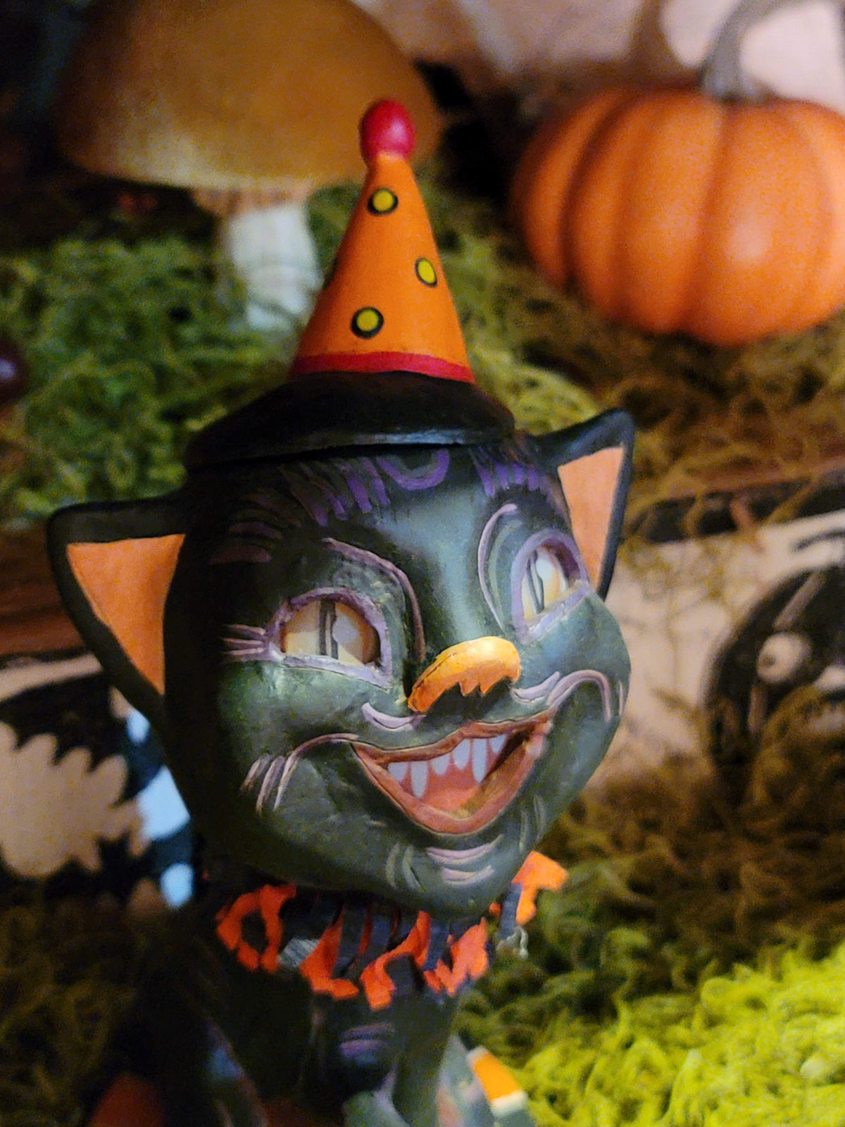 Vintage-Style Halloween Black Cat Figurine with Pumpkin Lantern
